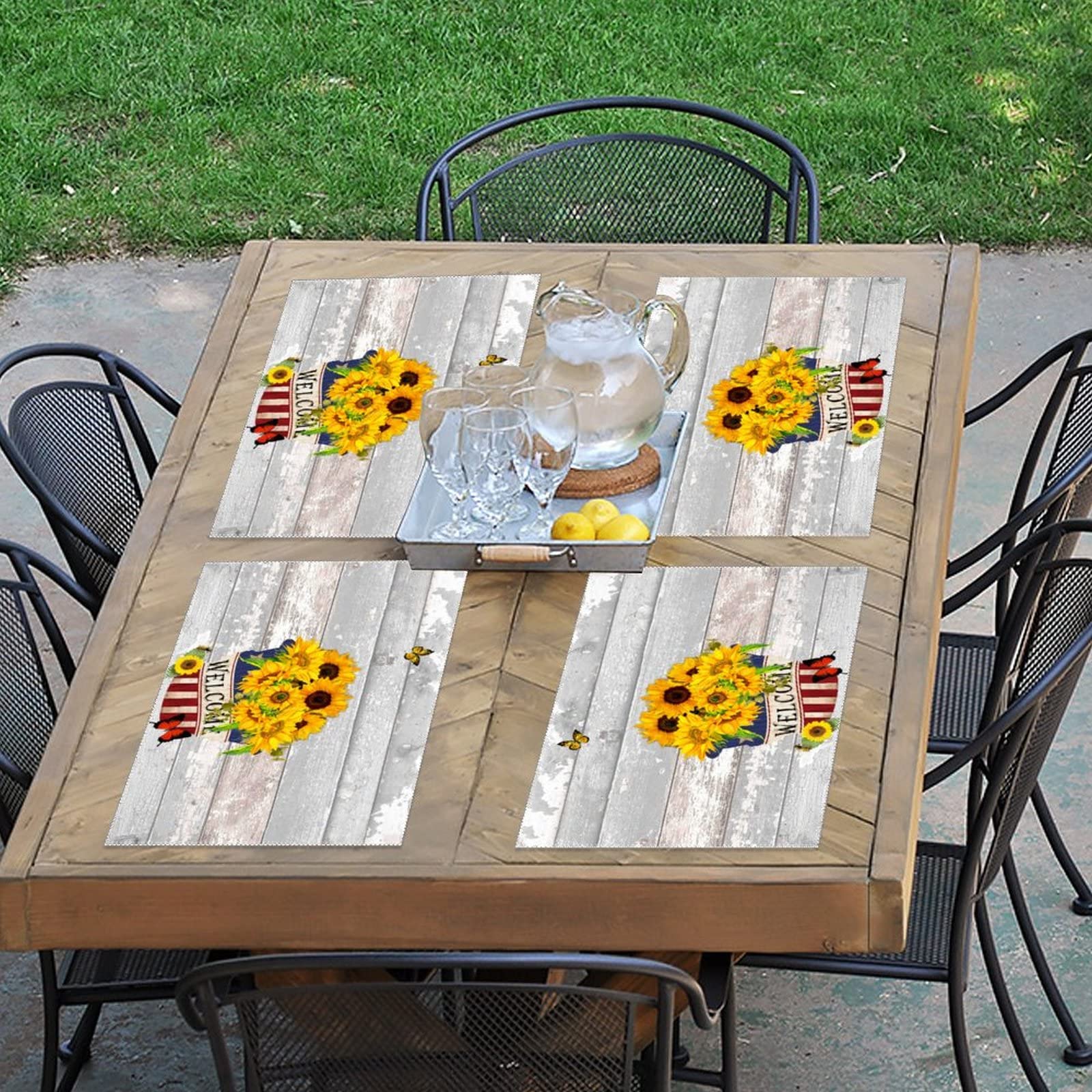 American Sunflowers Patriotic Welcome Place Mats Set of 4 - USA Flag Themed Heat Resistant Table Mats for Memorial Day Decorations, Dining Table Centerpiece with Flowers & Butterflies Design - Perfect for 4th of July BBQs, Family Gatherings & Patriotic Home Decor