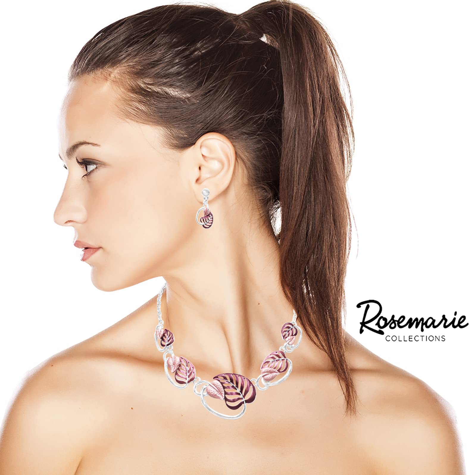 Rosemarie & Jubalee Women's 3D Leaf Statement Necklace and Earrings Set - Gold Enamel Jewelry with 16