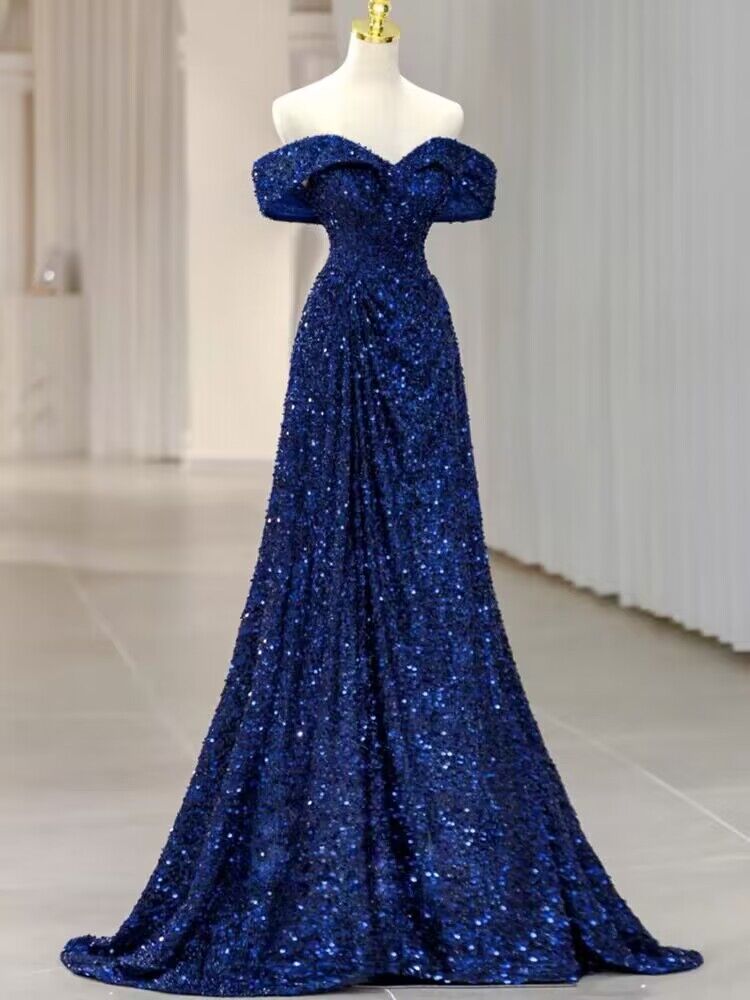 Navy Blue Sequin Off-the-Shoulder A-Line Long Prom Dress J2970 - Elegant Evening Gown for Homecoming, Formal Dances & Special Occasions