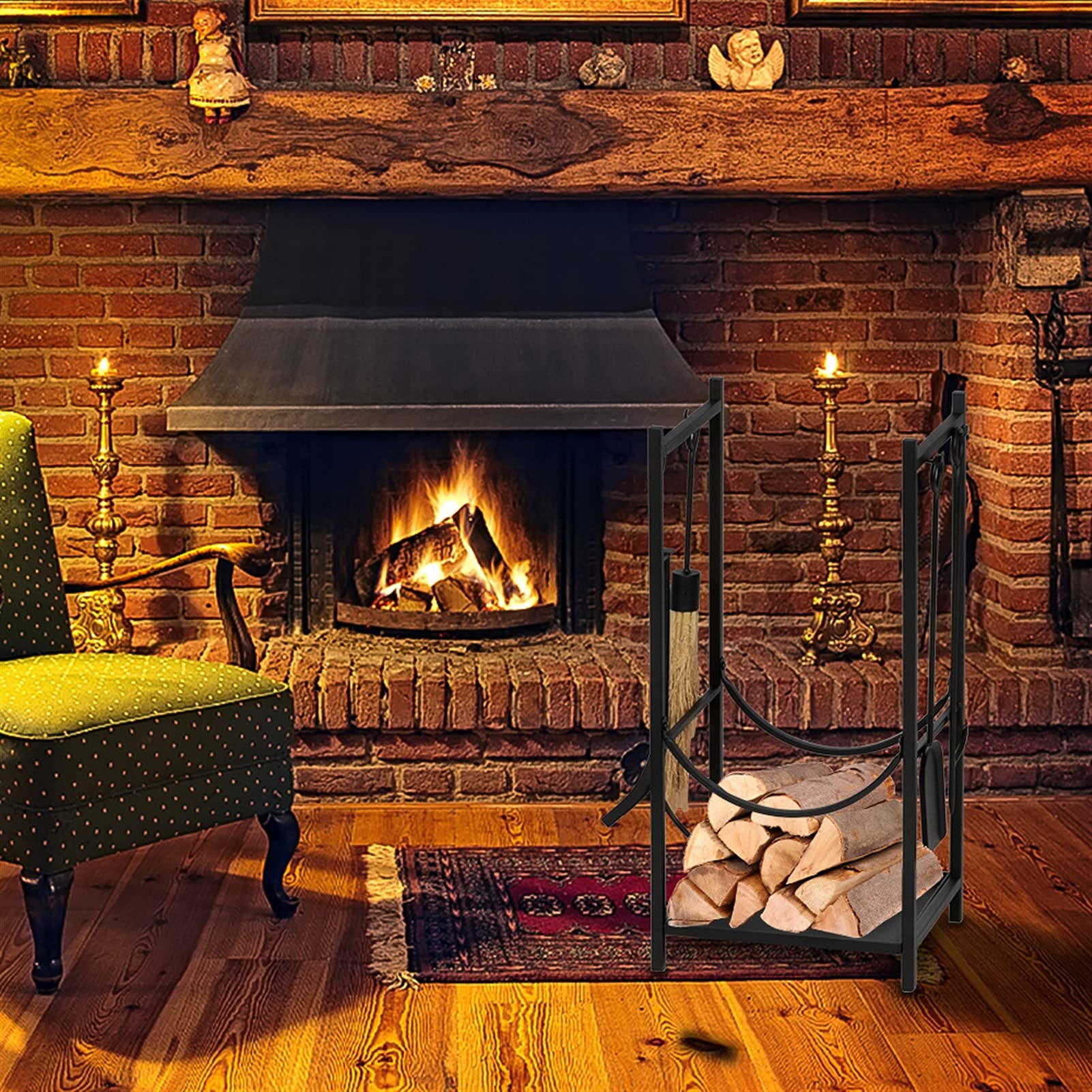 33 Inch Black Wrought Iron Firewood Log Rack - Indoor/Outdoor Fireplace Wood Holder with 4 Fireside Tools - Perfect for Patio, Deck, Backyard & Hearth Storage