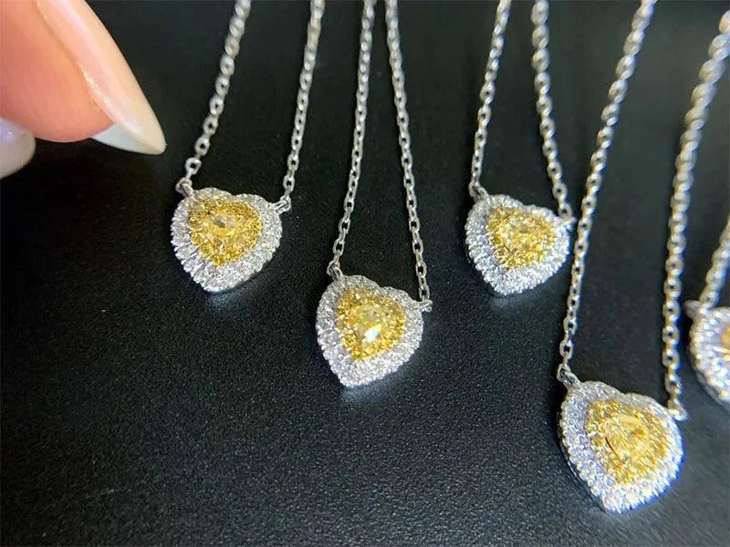 18K Solid White Gold Necklace with Real Yellow Diamond Heart Pendant - Halo Design for Women, Perfect Birthday Gift for Her | Elegant Jewelry for Anniversaries, Valentine's Day & Special Occasions