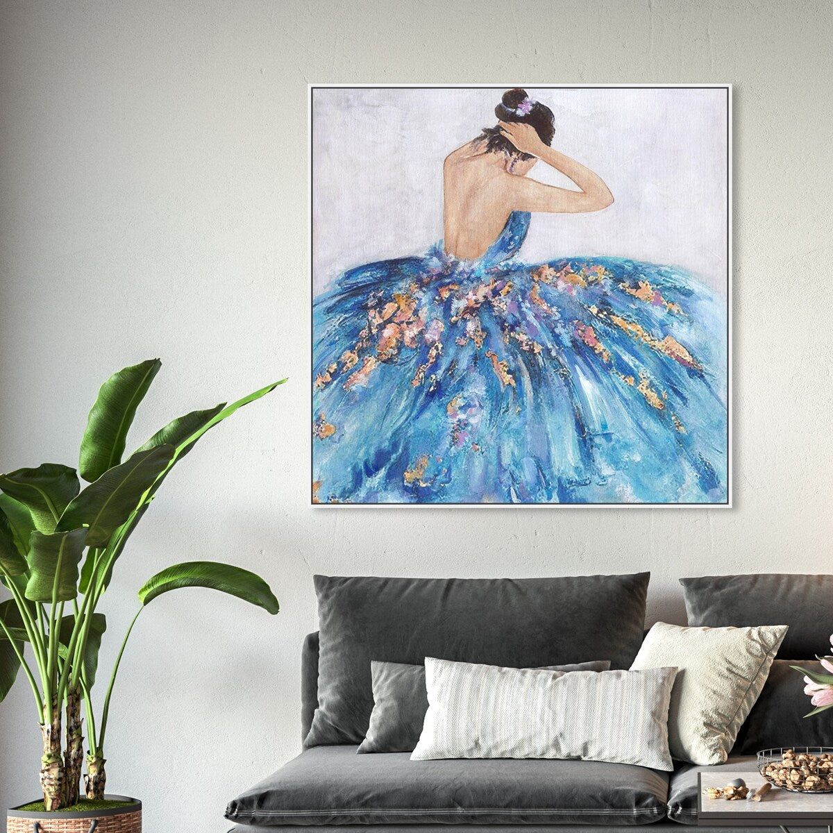 Elegant Princess Dress Glam Blue Framed Canvas Wall Art Print - Blue & Festive Home Decor for Bedroom, Living Room, Nursery | Perfect Gift for Girls, Women & Teens