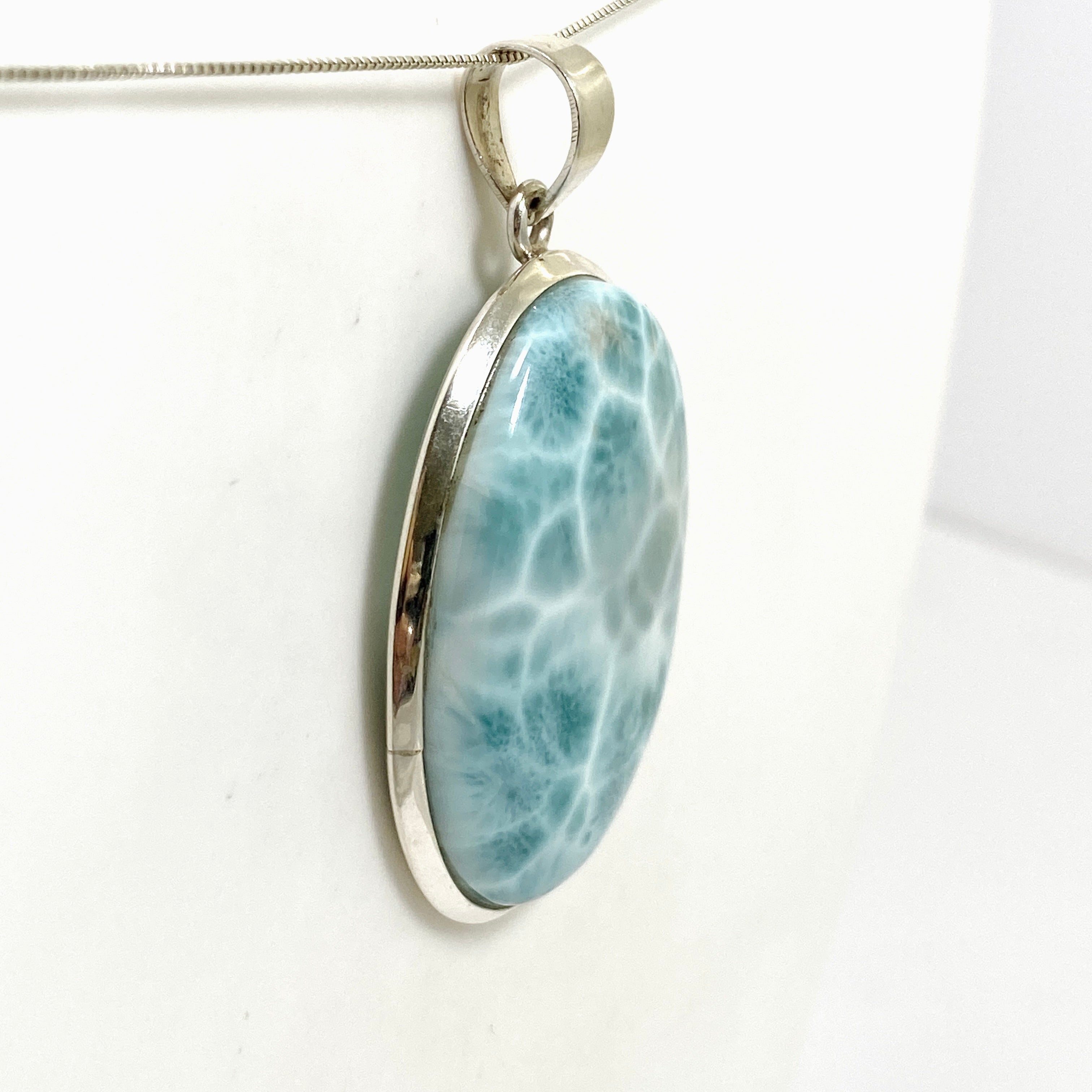 Natural Larimar Oval Cabochon Pendant - 925 Sterling Silver Jewelry for Women - Perfect for Beach Vacations & Boho Fashion