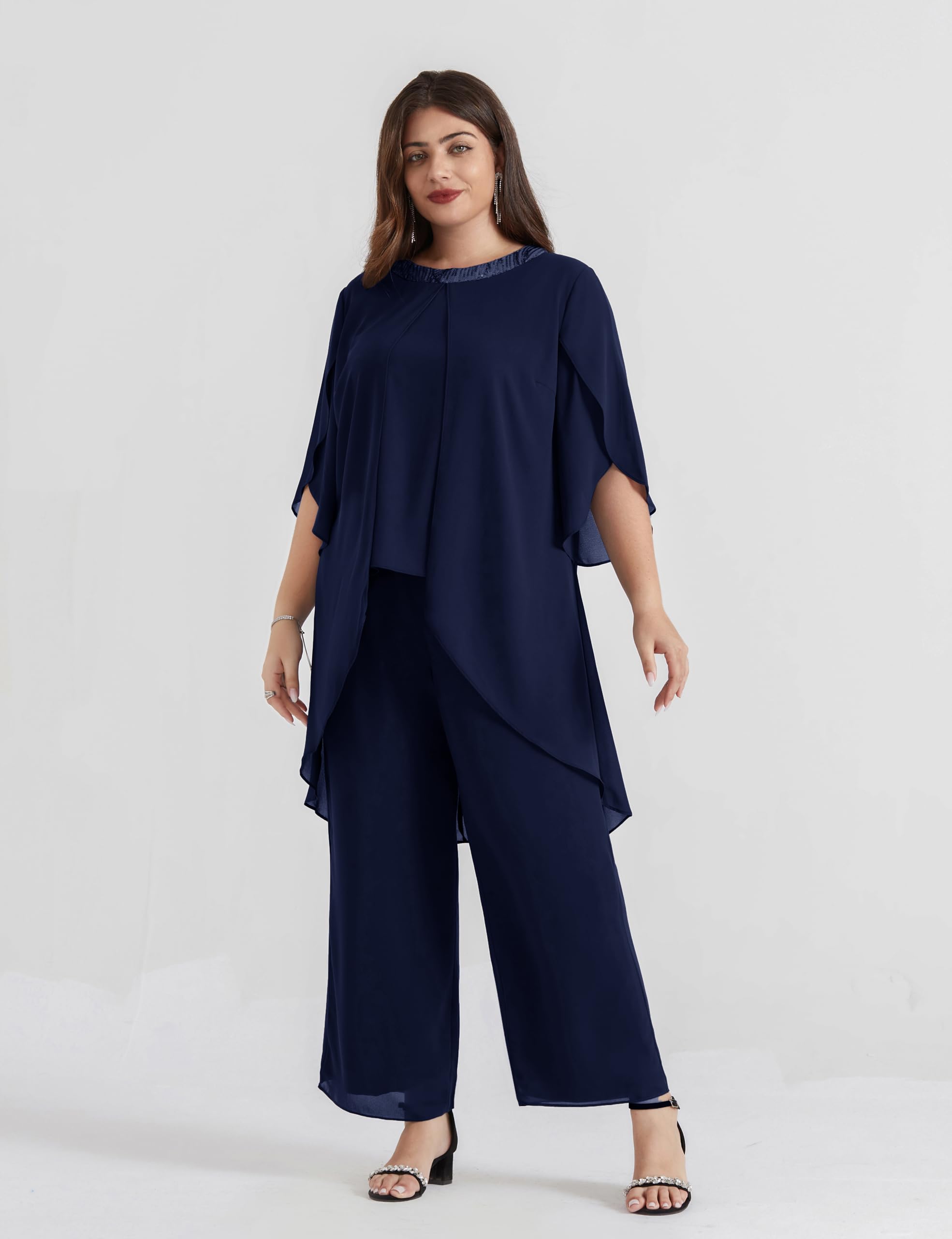 Hanna Nikole Plus Size Mother of The Bride Pant Suits - 2 Piece Chiffon Set with High Low Hem - Elegant Wedding Guest Outfit for Women - Perfect for Weddings, Receptions & Formal Events