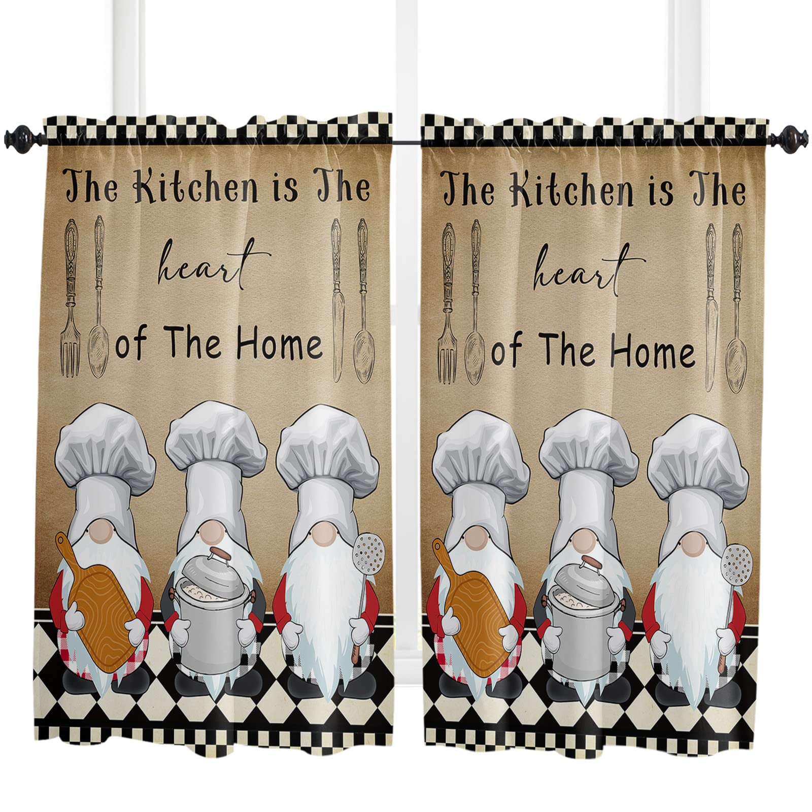 Chef Gnomes Black and White Buffalo Plaid Curtains Set of 2 Panels - 55
