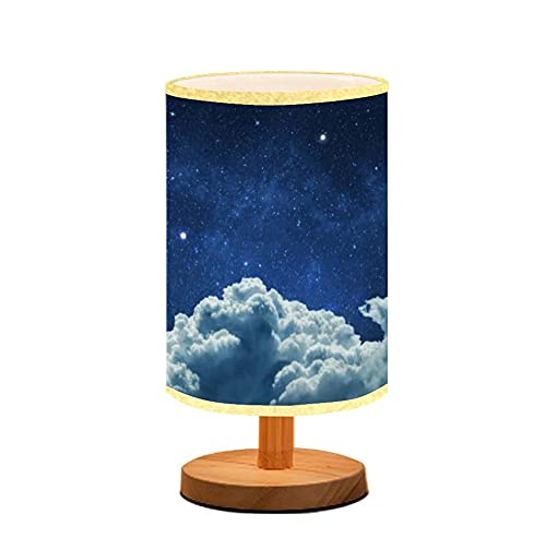 Minimalist Wooden Nightstand Lamp with Flaxen Fabric Shade - Shark Illustration Circle Under Boat Design for Bedroom, Living Room & Nursing - Eco-Friendly Desk Light for Reading, Breastfeeding & Relaxation