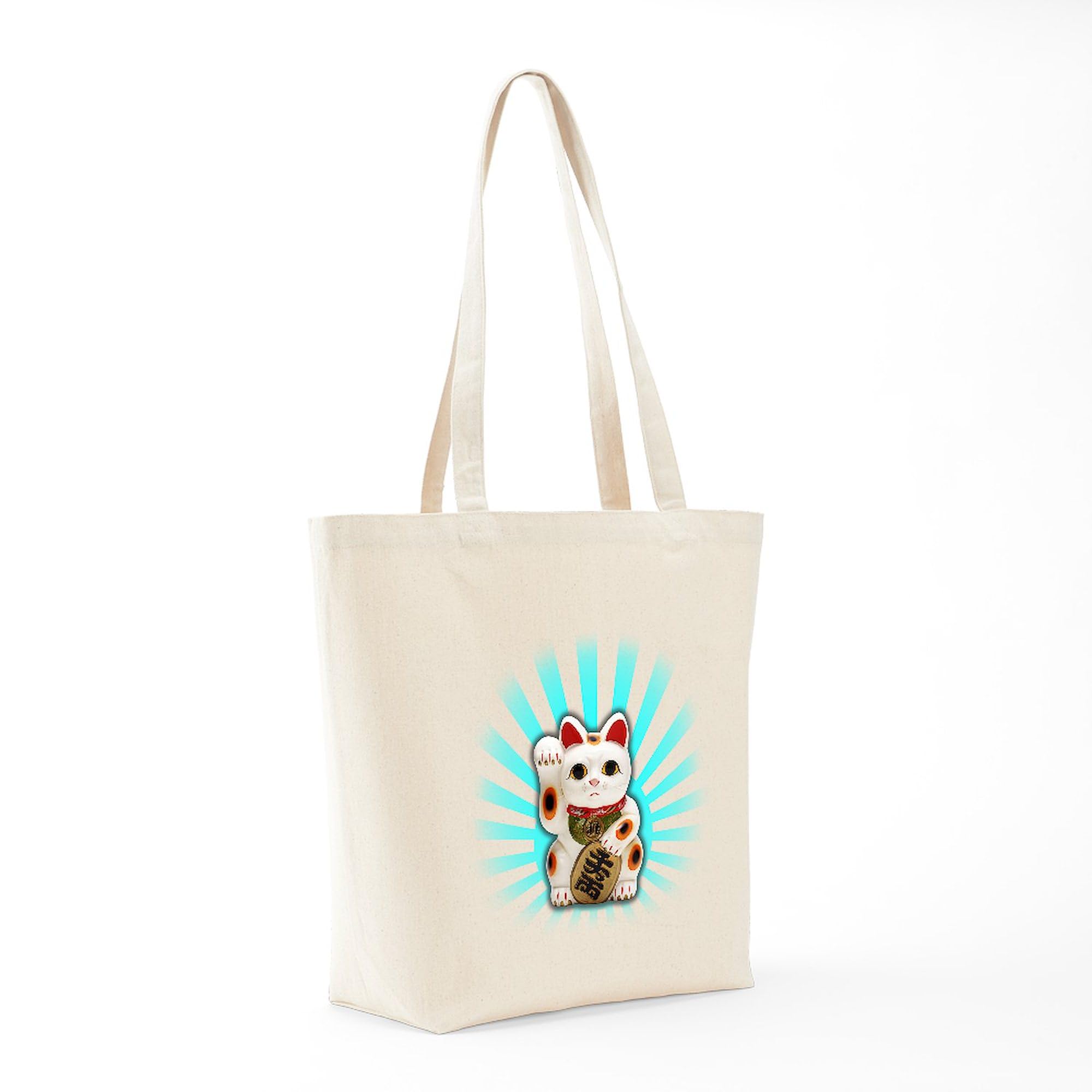 Lucky Cat (Maneki Neko) Tote Bag - Natural Canvas Reusable Shopping Bag for Groceries, Beach & Daily Use | Cute Japanese Good Luck Gift