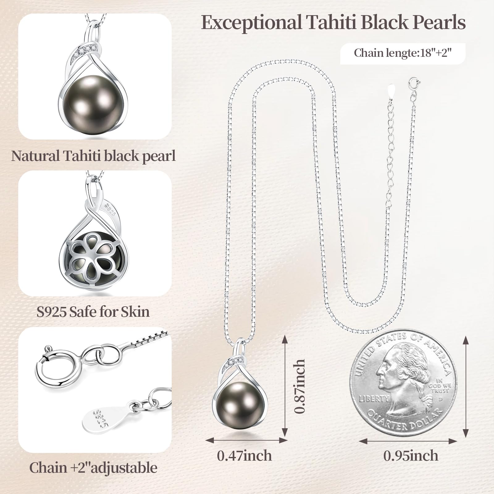 Tahitian Black Pearl Necklace for Women - Sterling Silver Adjustable Chain with Real Black Pearls - Perfect Gift for Wife, Girlfriend, Mother (Wedding, Birthday, Anniversary, Christmas, Valentine's Day) - Elegant Jewelry Gift Box Included - Ideal for Date Nights, Special Occasions & Everyday Wear