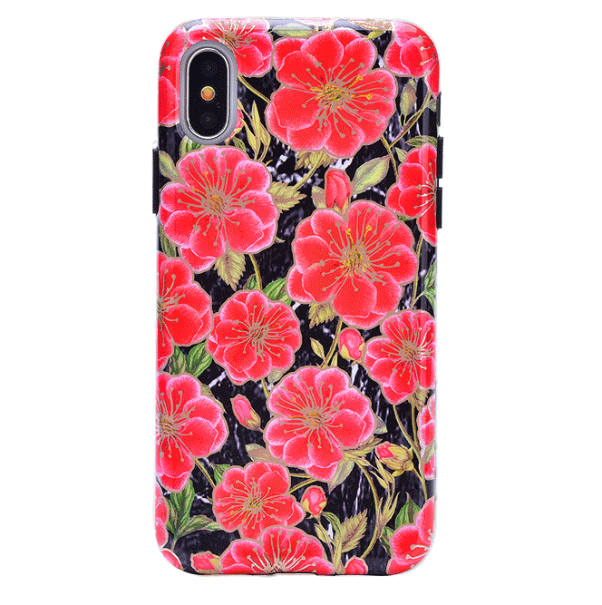 Black Hibiscus Rose Gold Chrome Floral iPhone Case - Stylish Protective Cover for iPhone 13/14/15 Pro Max - Perfect for Everyday Use, Travel & Gift Giving