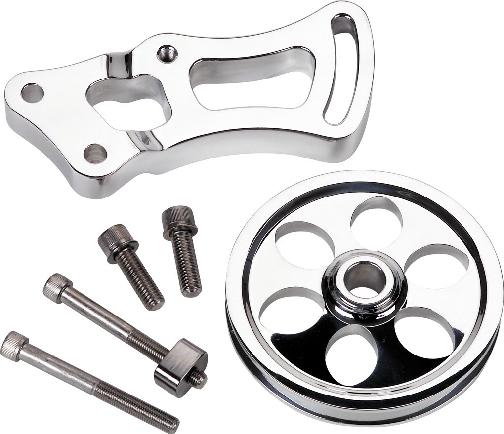 Polished Power Steering Pump Bracket & V-Belt Pulley for GM Type II Pumps - Compatible with SBC Short Water Pump - Low Mount Driver Side Engine Bracket - Perfect for Chevy Small Block Engine Upgrades & Performance Builds