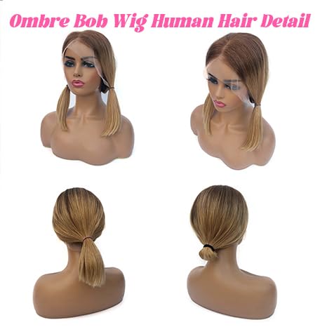 13x4 HD Transparent Lace Front Wig - 100% Human Hair Glueless Bob Wig with Ombre Honey Blonde Highlights, Pre-Plucked Hairline & Baby Hair | Wear & Go Short Bob Wigs for Women (#4/27) | Perfect for Daily Wear, Parties, Cosplay & Special Occasions