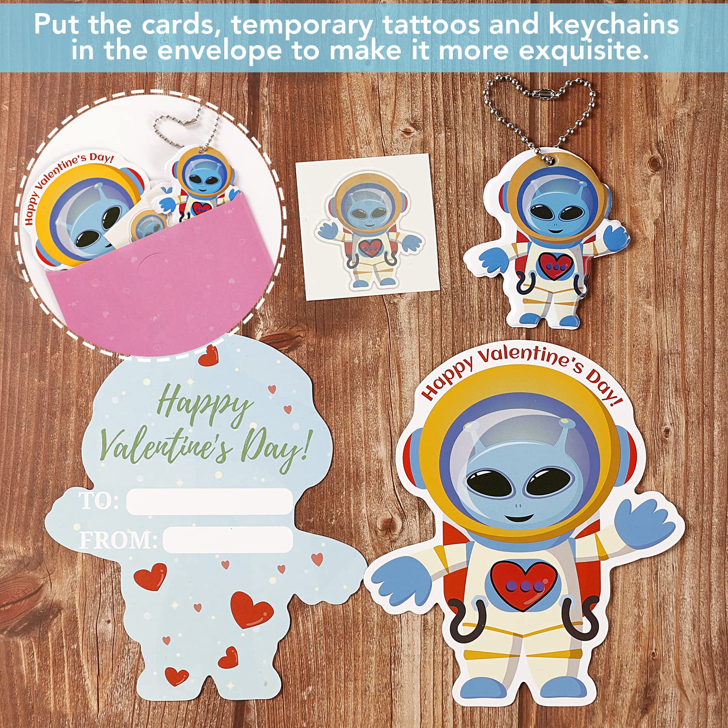Valentine's Day Cards for Kids - 32 Space Flight Theme Greeting Cards with 32 Cute Keychains & Gift Envelopes, Includes Temporary Tattoos - Perfect for Classroom Exchange, School Parties & Valentine Gifts for Classmates