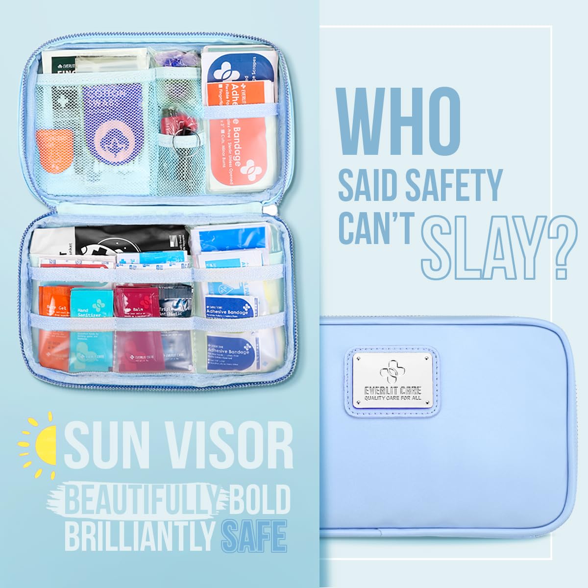 Car Sun Visor Organizer with First Aid Kit & Emergency Tools - Multi-Pocket Storage Pouch Includes Window Breaker & Disposable Urine Bag for Family Road Trips & Travel Safety (Cyan)