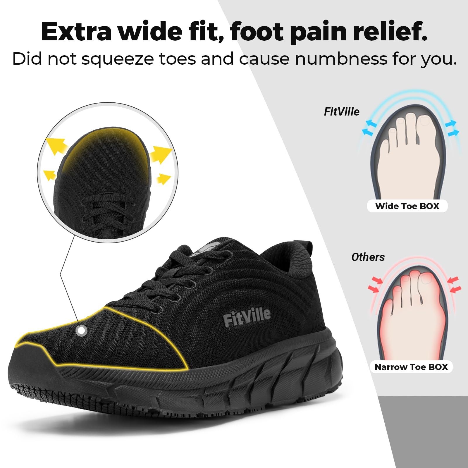 FitVille Wide Toe Box Running Shoes for Women - Non-Slip Comfortable Extra Wide Sneakers for Swollen Feet - Lightweight Walking & Jogging Shoes for Plantar Fasciitis & Bunions Relief