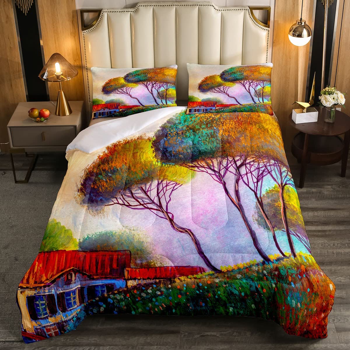 Watercolor Tree Flowers Comforter Set Full Size - Rustic House Graffiti Brushed Microfiber Soft Bedding Decor Quilt Set for Boys & Girls - Perfect for Kids' Bedrooms, Dorm Rooms & Cozy Home Decor