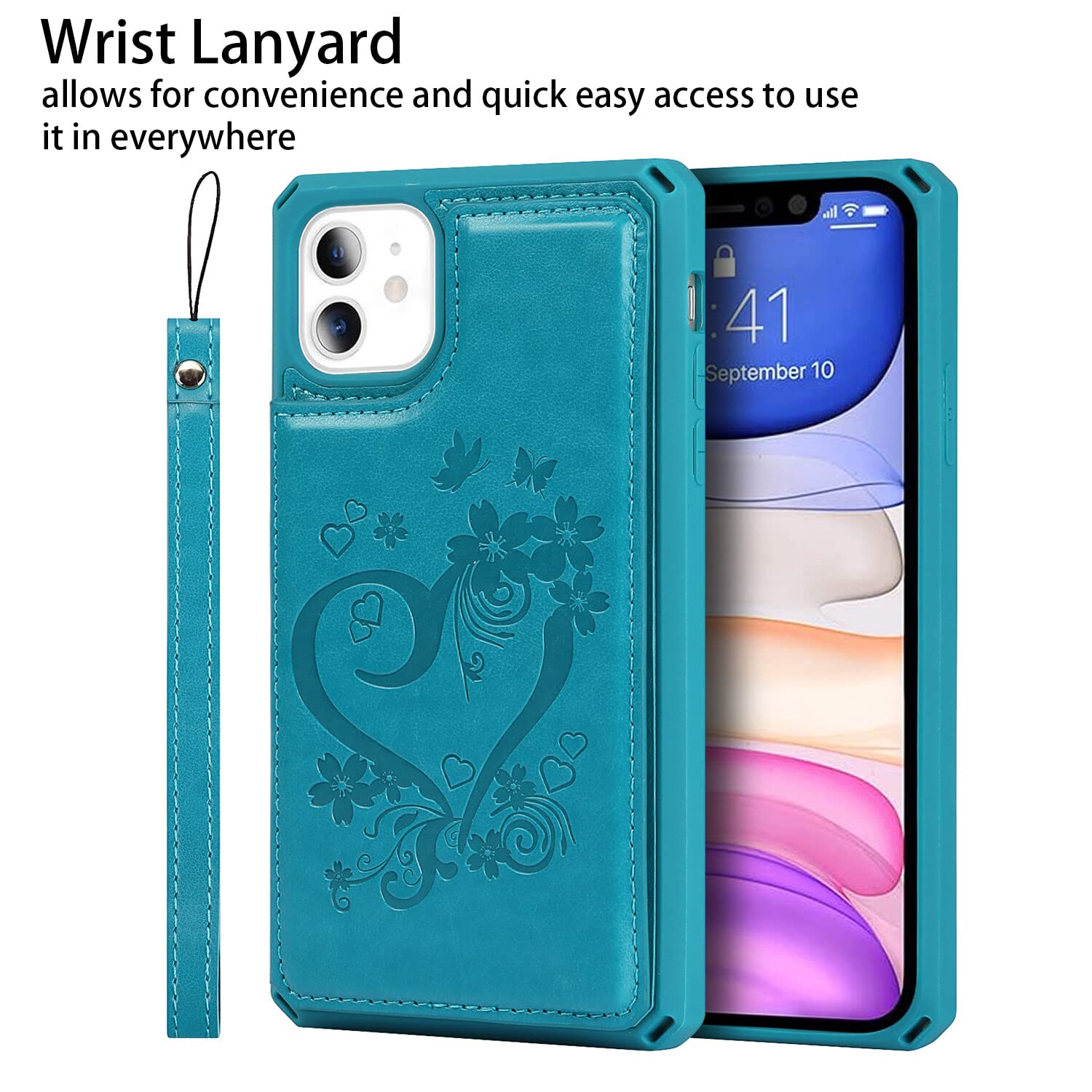 Premium Leather Wallet Case for iPhone 11 with Card Holder & Wrist Strap - Shockproof Protective Cover with Stand Feature (Heart Blue) | Perfect for Everyday Use, Travel, and Hands-Free Convenience