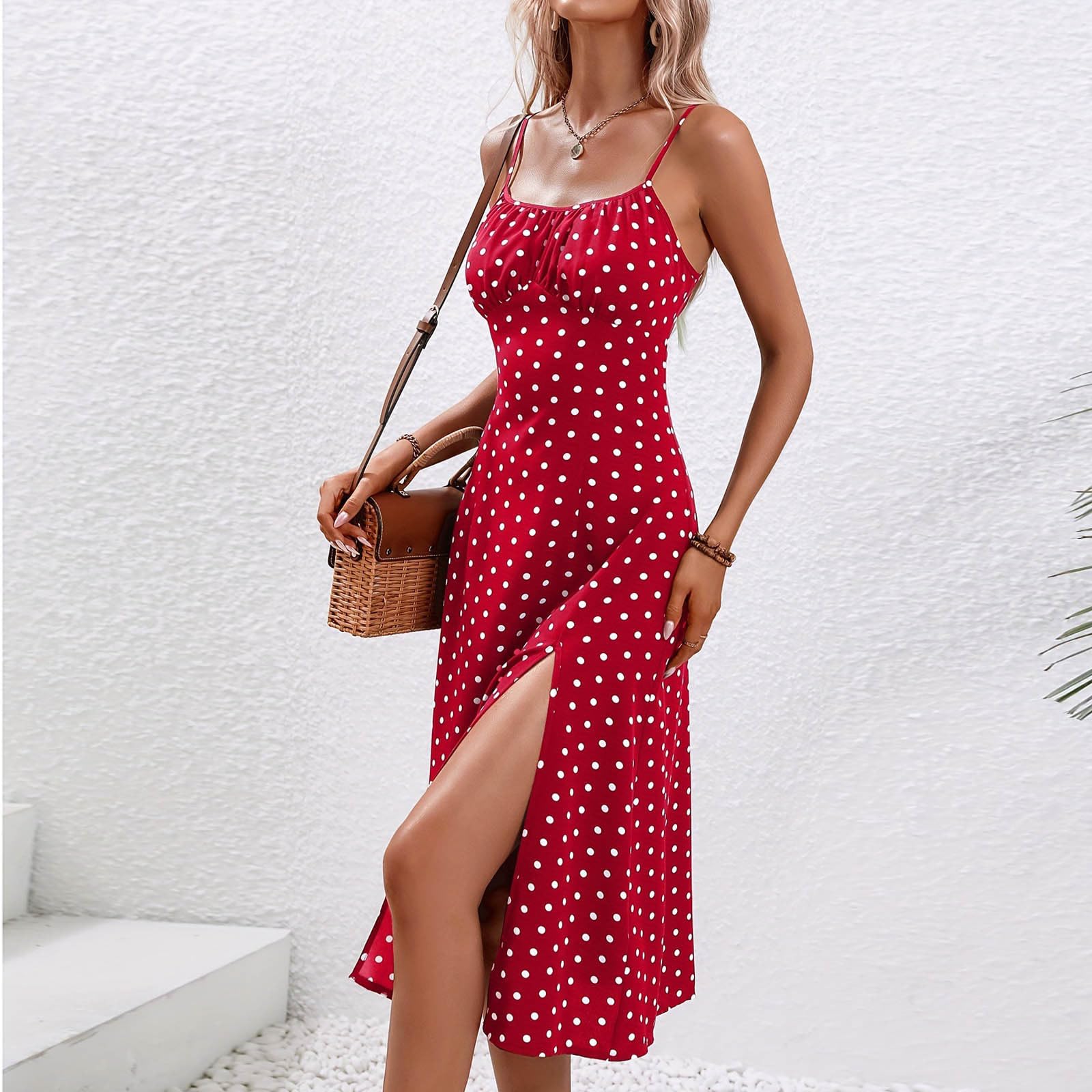 2025 Women's Summer Dresses - Casual Spaghetti Strap Sundress with Polka Dot Print, Slim Fit & Knee-Length Boho Style with Side Slit | Perfect for Beach Vacations, Date Nights & Summer Parties