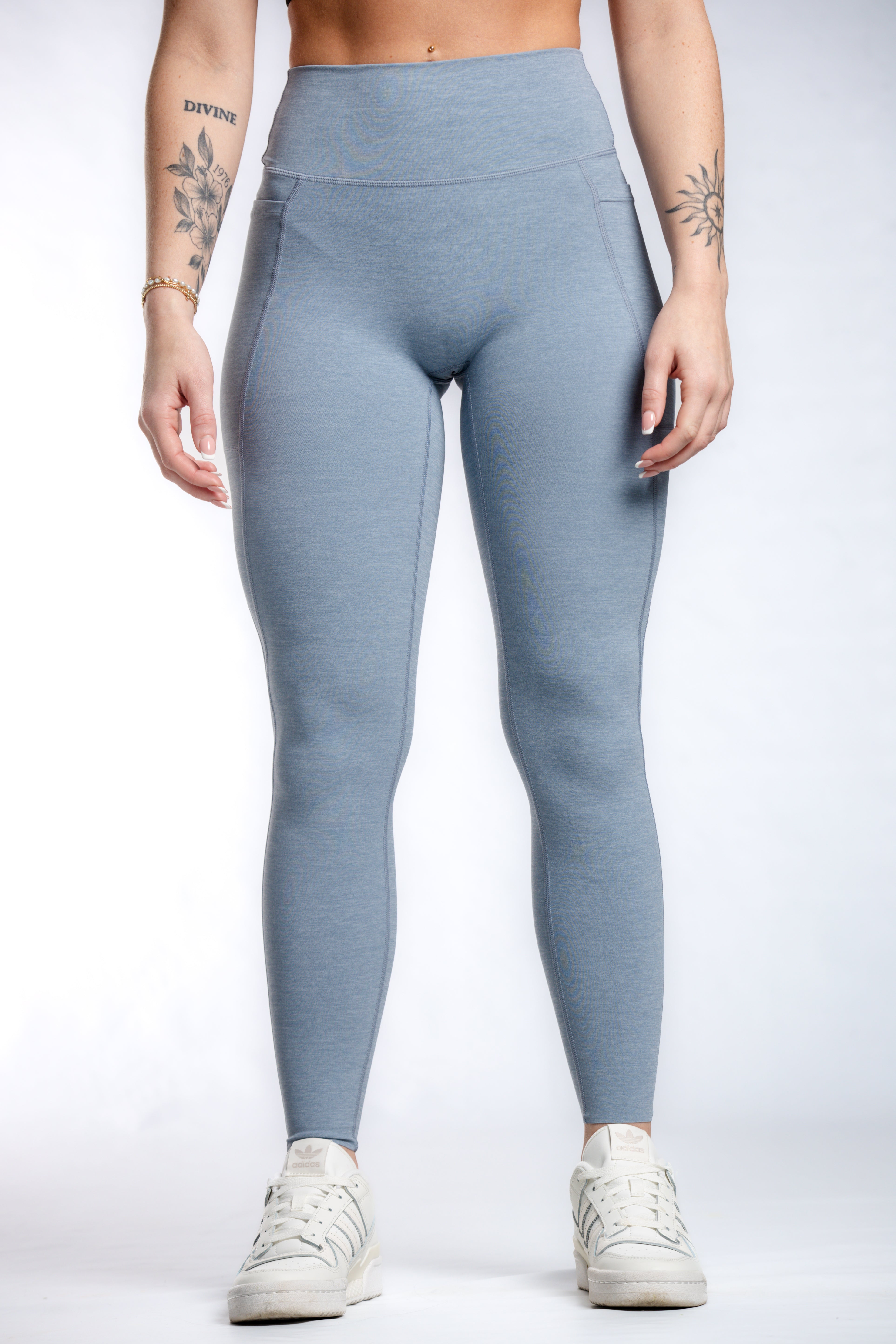 High Waist Yoga Pants with Pockets - Women's Workout Leggings for Running, Gym & Lounge | Blue Storm Color | Moisture Wicking & Stretchy Comfort