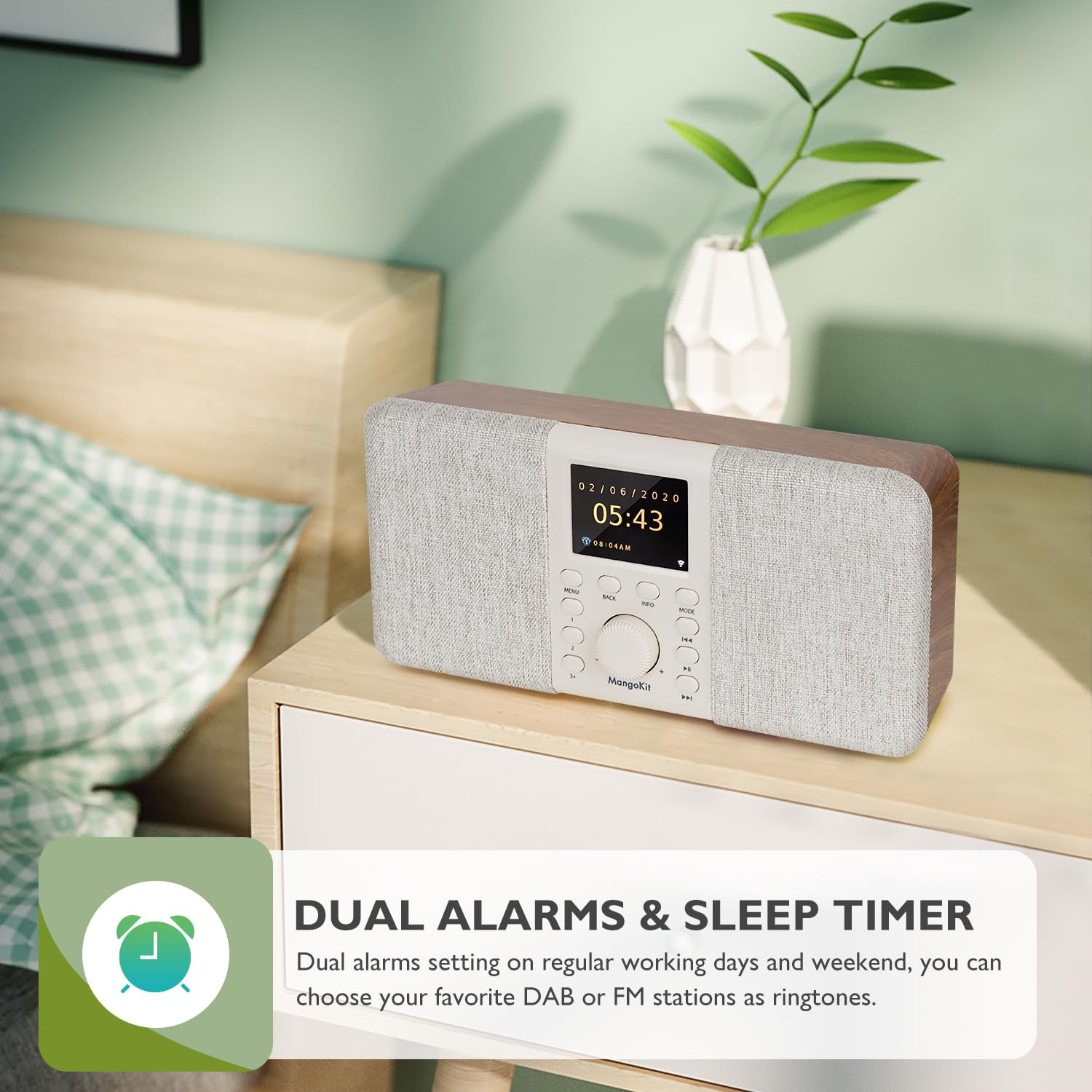 MangoKit SR20 Digital Internet Radio with DAB/DAB+, WiFi, Bluetooth, FM - Smart Podcast Player, Color Screen, Dual Alarms, AC/Battery Powered - Perfect for Kitchen, Bedroom, and Office Use