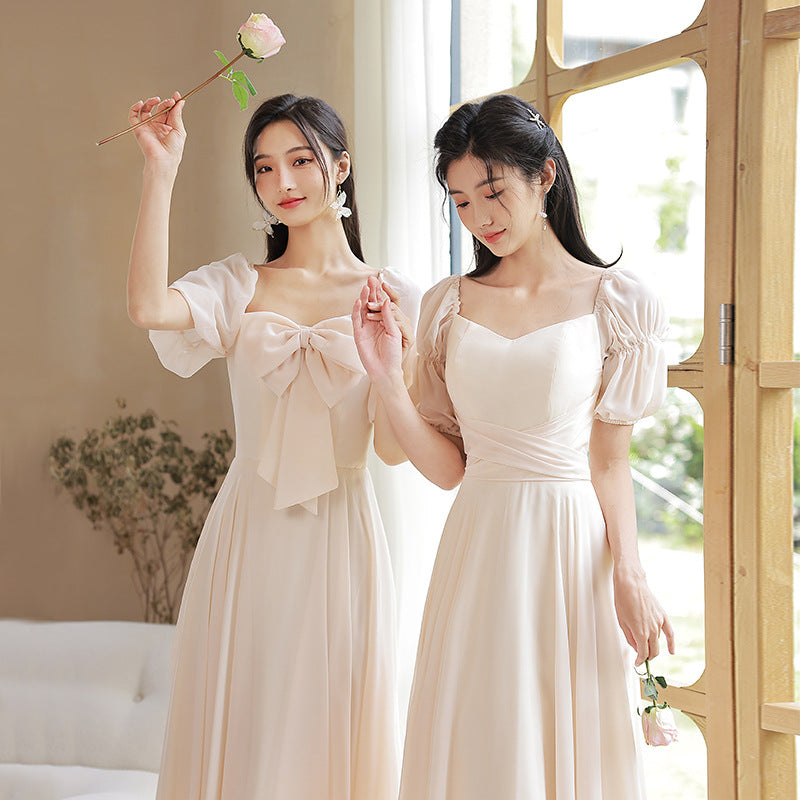 Elegant A-Line Champagne Bridesmaid Dress | Simple Long Prom Gown for Weddings & Formal Events | Perfect for Bridal Party, Evening Galas & Special Occasions
