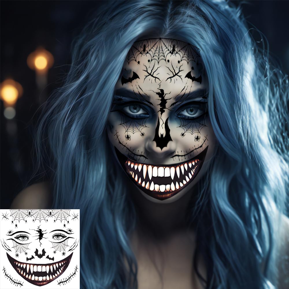 Scary Halloween Temporary Tattoos Set - 5 Face Tattoos + 1 Fake Scars & Stitches Sheet with Bloody Mouth Design | Zombie Makeup, Fake Wounds for Halloween Costume & Party Prank | Perfect for Cosplay, Horror Events and Trick-or-Treating