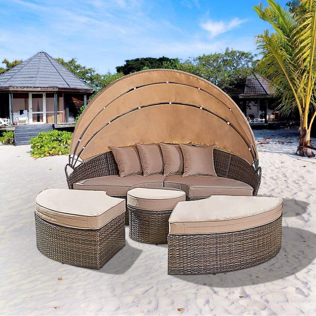 Outdoor Round Daybed Sofa Set with Retractable Canopy - 4-Piece Brown Wicker Patio Furniture with Cushioned Sectional & Round Center Table - Perfect for Poolside, Garden, Lawn, and Backyard Relaxation