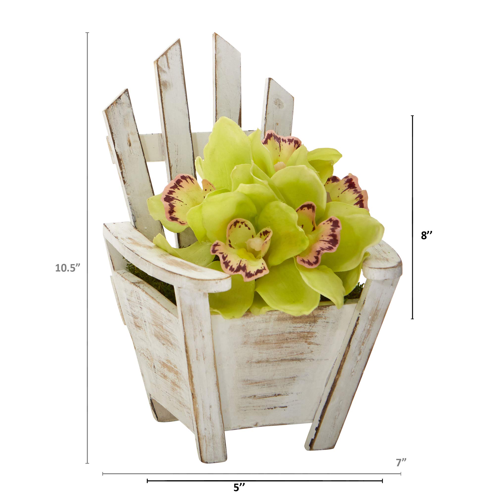 Nearly Natural 8-inch Mini Cymbidium Orchid Artificial Silk Flower Arrangement in Chair Planter - Green - Perfect for Home Decor, Office Desk, Wedding Centerpieces & Gift Ideas