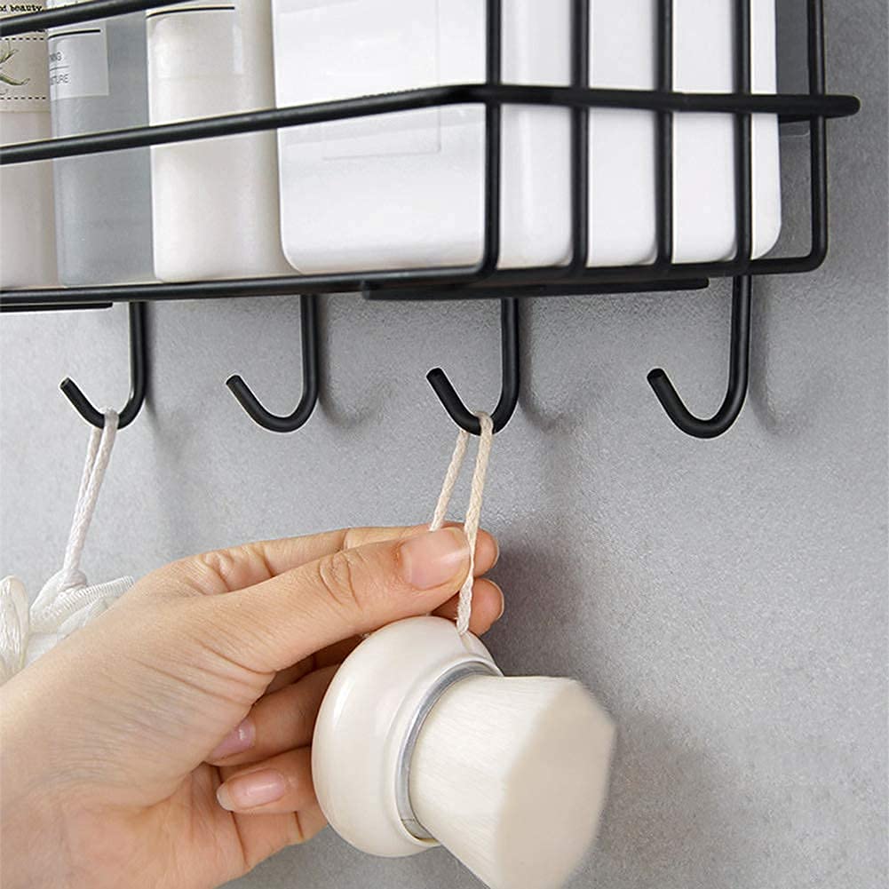 JIALTO Wall-Mounted Bathroom Shelf Organizer with Hooks - Black Space-Saving Bathroom Storage Rack & Towel Holder - Perfect for Small Bathrooms, Showers, and Vanity Organization (Pack of 1)