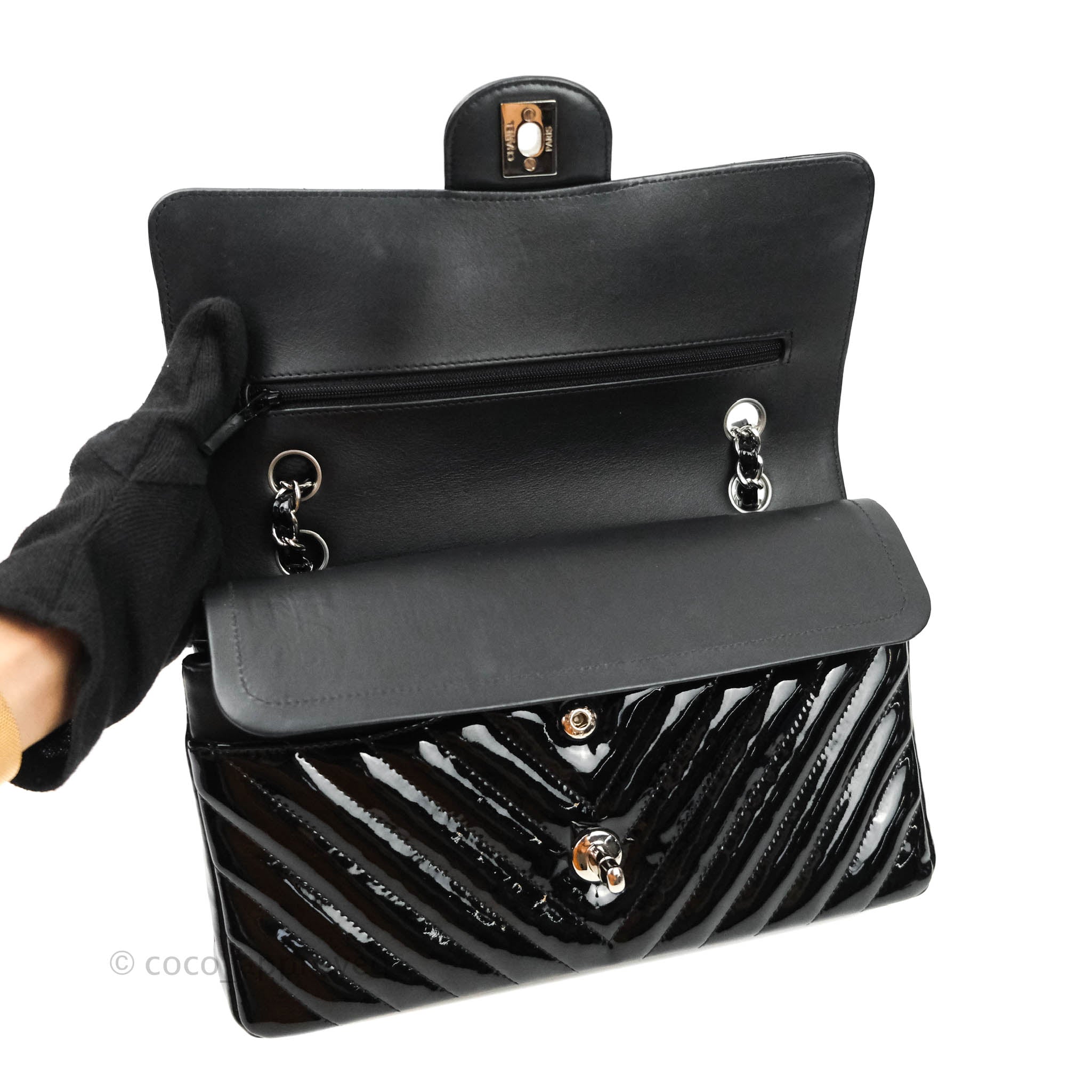 Chanel Classic Chevron M/L Medium Double Flap Bag - Black Patent Leather with Silver Hardware | Luxury Designer Handbag for Women, Perfect for Work, Evening Events & Special Occasions
