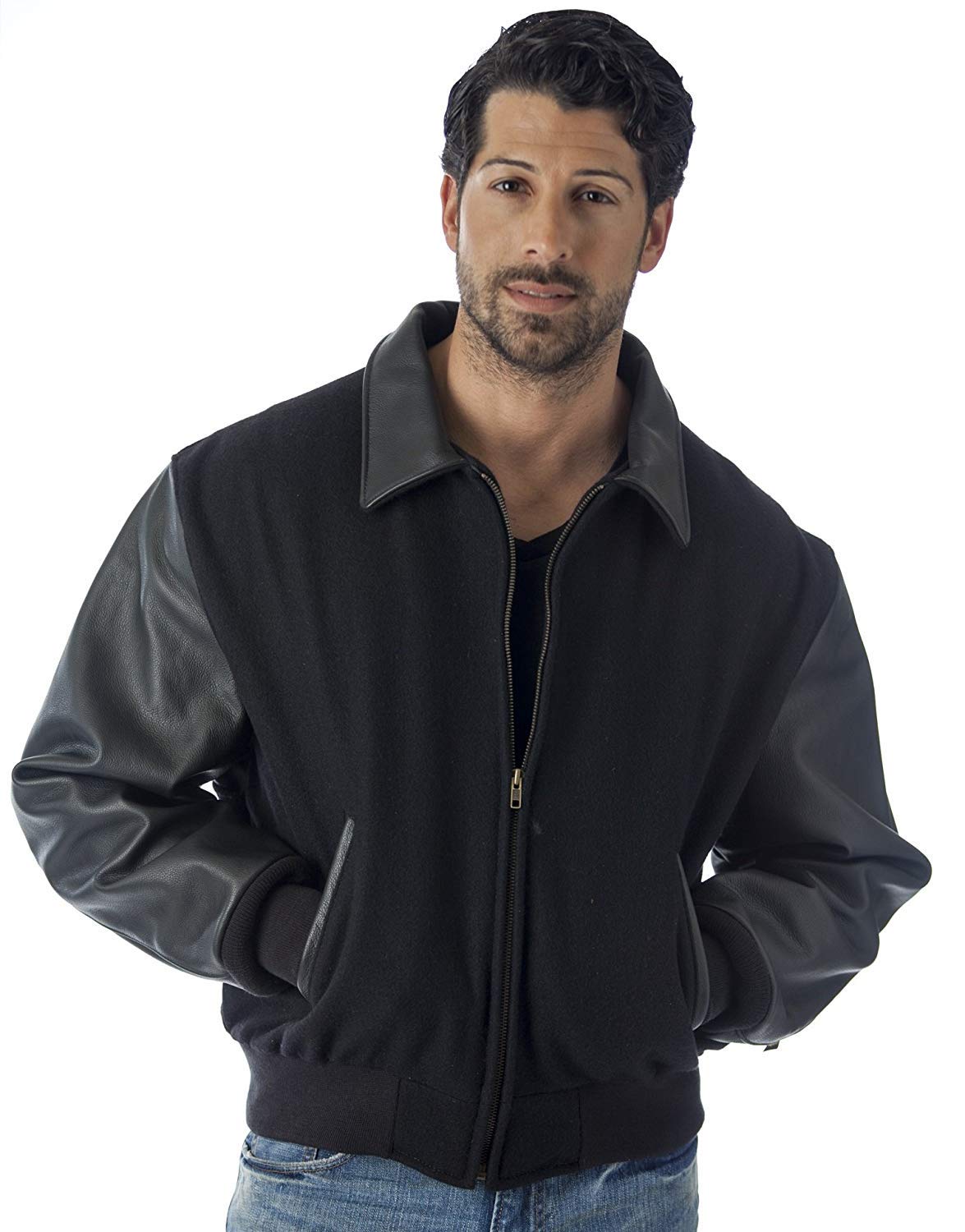 REED Men's Executive Leather Wool Varsity Jacket - Premium USA Made Leather Bomber Jacket for Business Casual & Winter Fashion