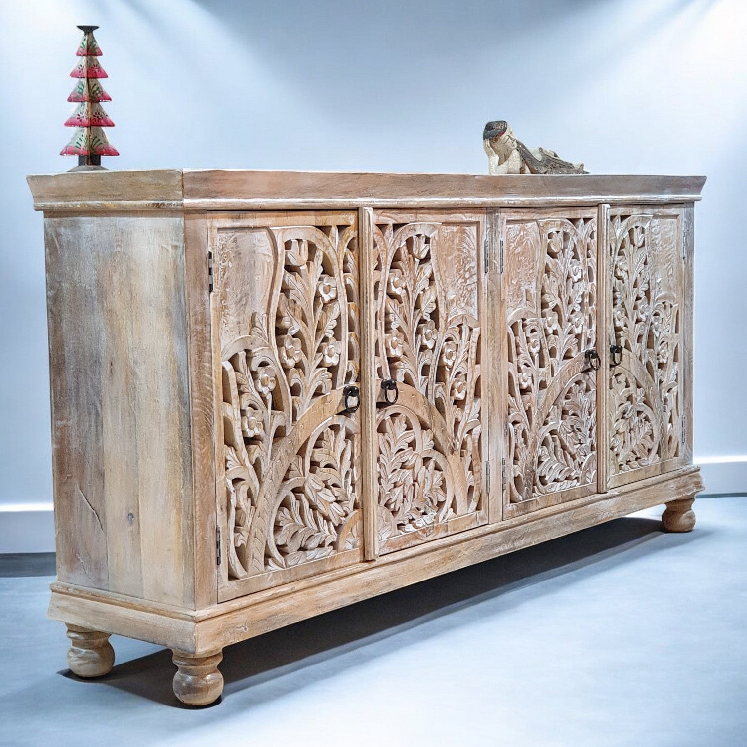 Handmade Carved Indian Mango Wood 4-Door Sideboard Cabinet - White Finish (180x40x90 cm) - Perfect for Dining Room Storage, Living Room Decor & Entryway Organization