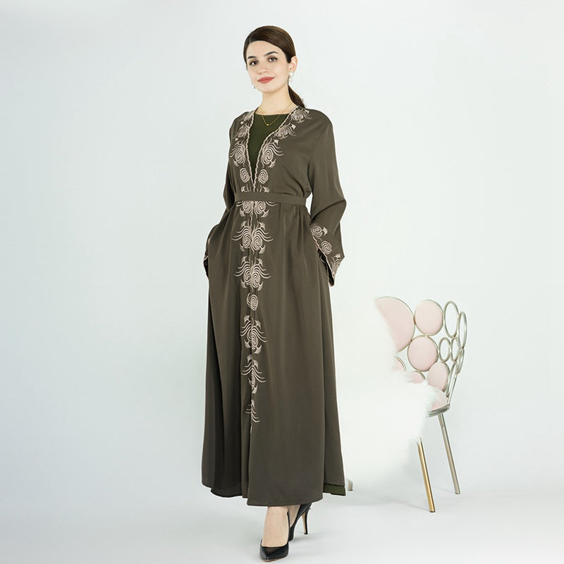 Elegant Muslim Women's Eid Embroidery Open Abaya Dress - Modest Islamic Prayer Dress for Special Occasions & Daily Wear