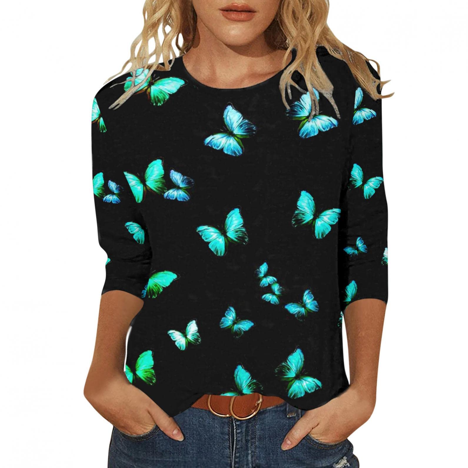 Women's 3/4 Sleeve Butterfly Print Crewneck Graphic Tee - Casual Blouse Top for Spring & Summer Outfits | Perfect for Daily Wear, Office Casual & Weekend Outings