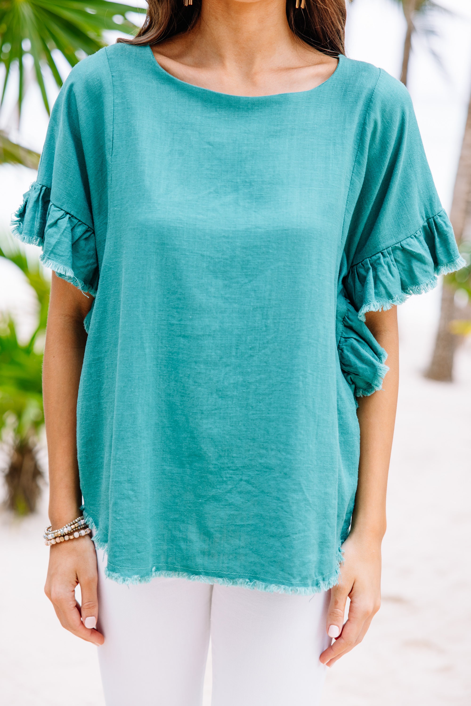 Lagoon Green Linen Top for Women - Breathable Summer Blouse for Casual Outings & Beach Vacations