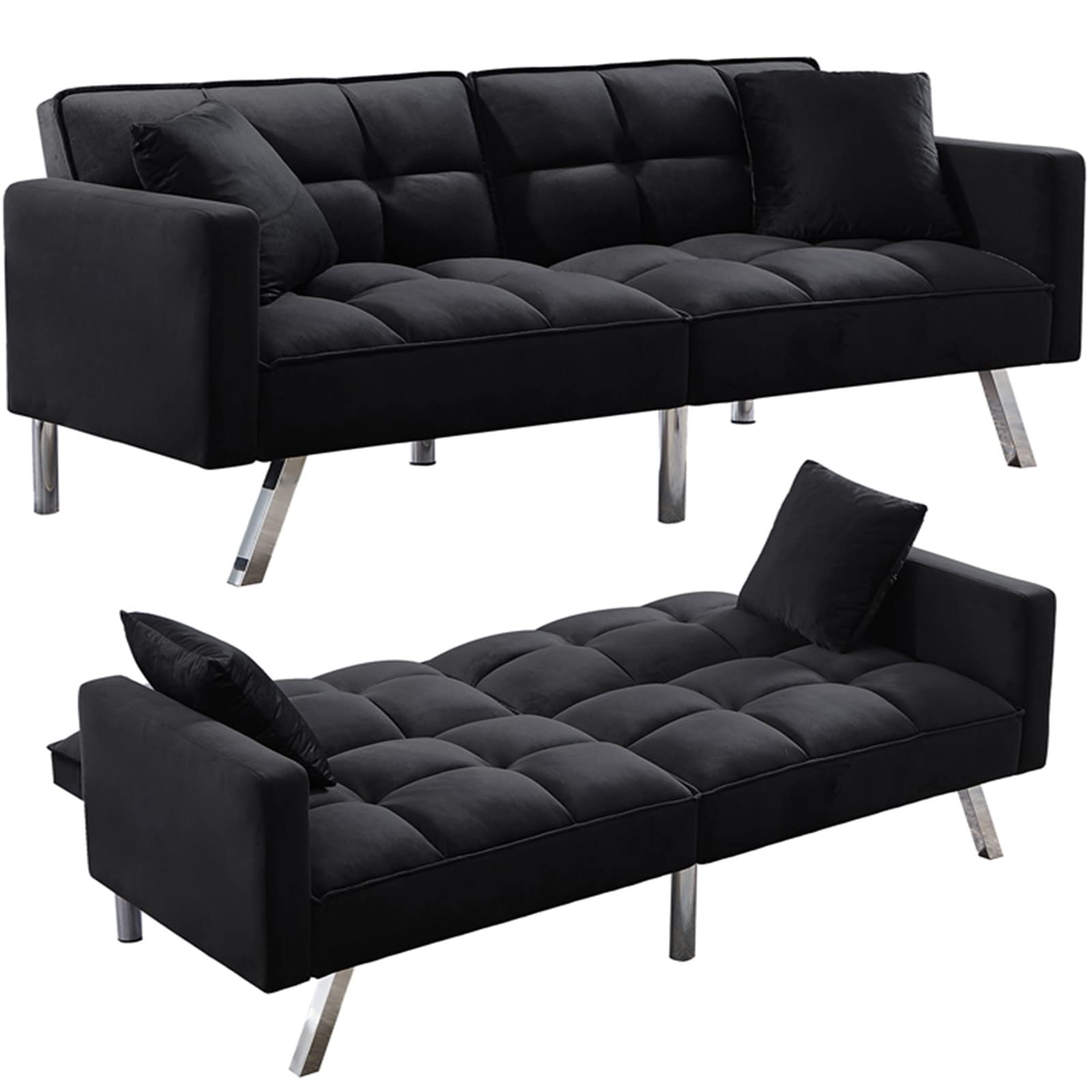 Velvet Convertible Futon Sofa Bed with 2 Pillows - Foldable Sleeper Couch & Recliner Loveseat for Small Spaces, Living Room, Bedroom, Dorm | Perfect for Guest Accommodation & Space-Saving Solutions