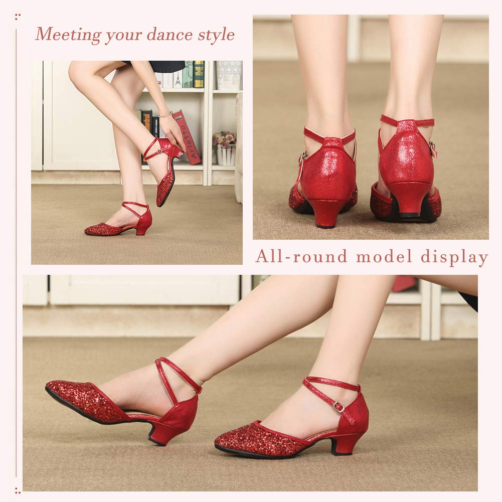 SWDZM Women's Glitter Latin Dance Shoes - Closed Toe Ballroom Salsa Heels for Women - Perfect for Dance Parties, Performances & Special Occasions