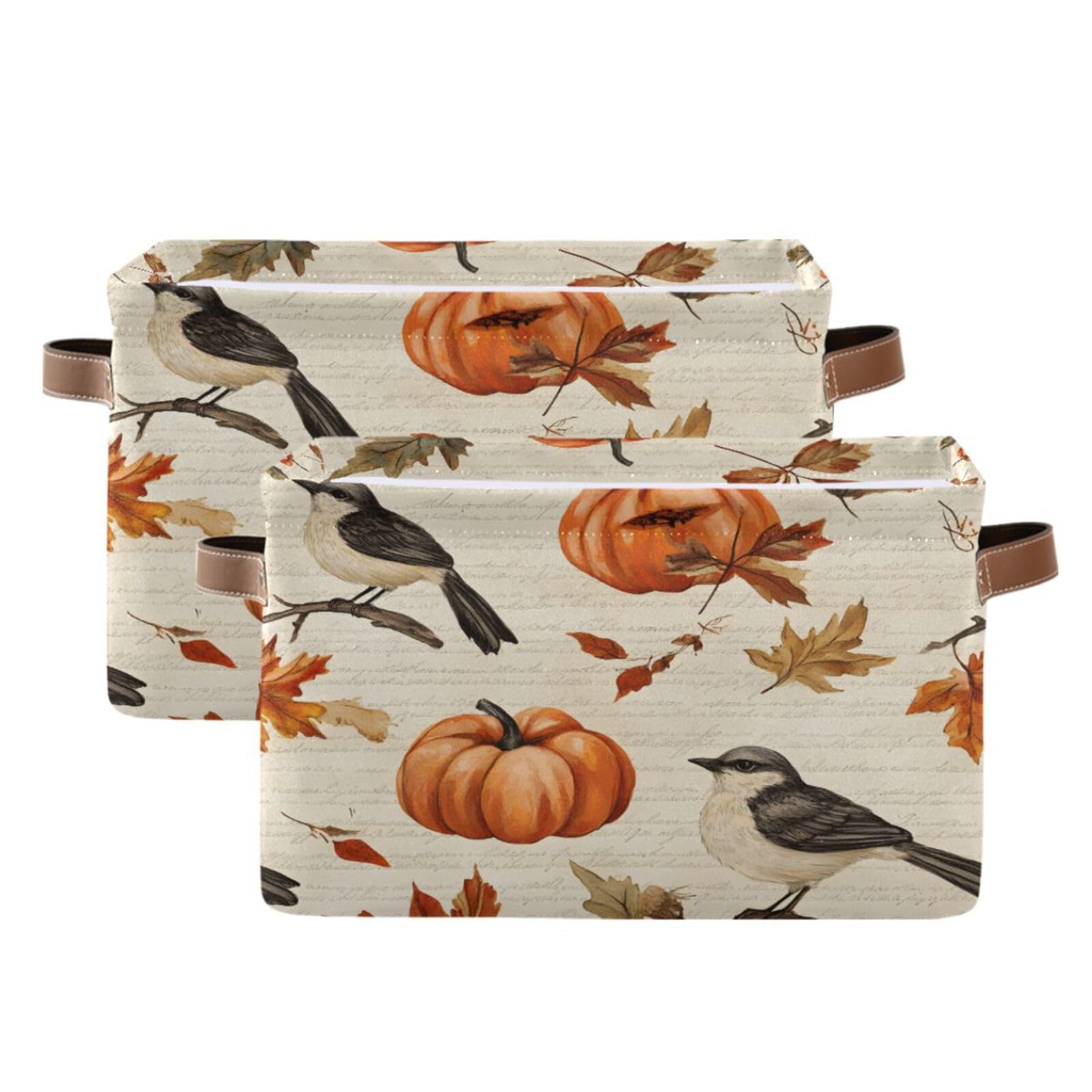 Qilmy 2-Pack Collapsible Pumpkin Bird Storage Baskets - Canvas Rectangular Bin with Leather Handles for Closet, Office, Nursery & Home Organization | Perfect for Seasonal Decor, Toy Storage & Laundry Sorting