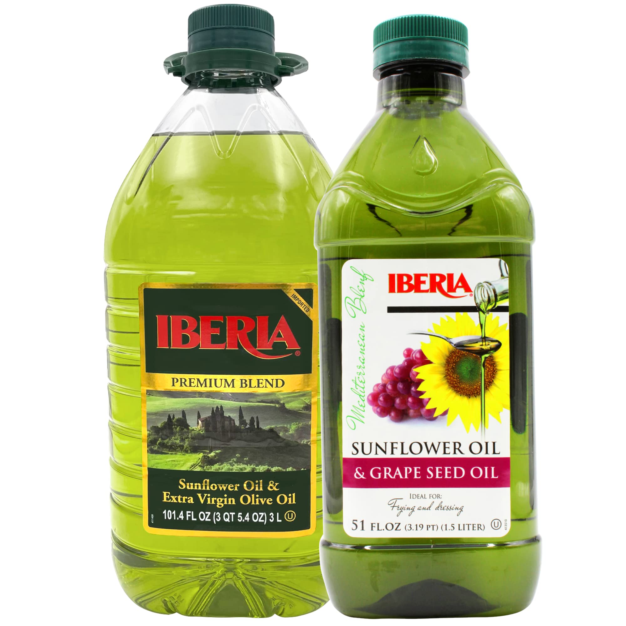 Iberia Sunflower & Extra Virgin Olive Oil Blend - 3 Liter | Iberia Sunflower & Grape Seed Oil Blend - 51 oz | Healthy Cooking Oil for Frying, Baking & Salad Dressings