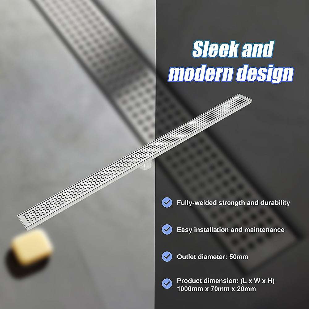 1000mm Stainless Steel Shower Drain Grate - Square Pattern with Center Outlet - Heavy Duty Bathroom Floor Waste for Wet Room & Shower Enclosure