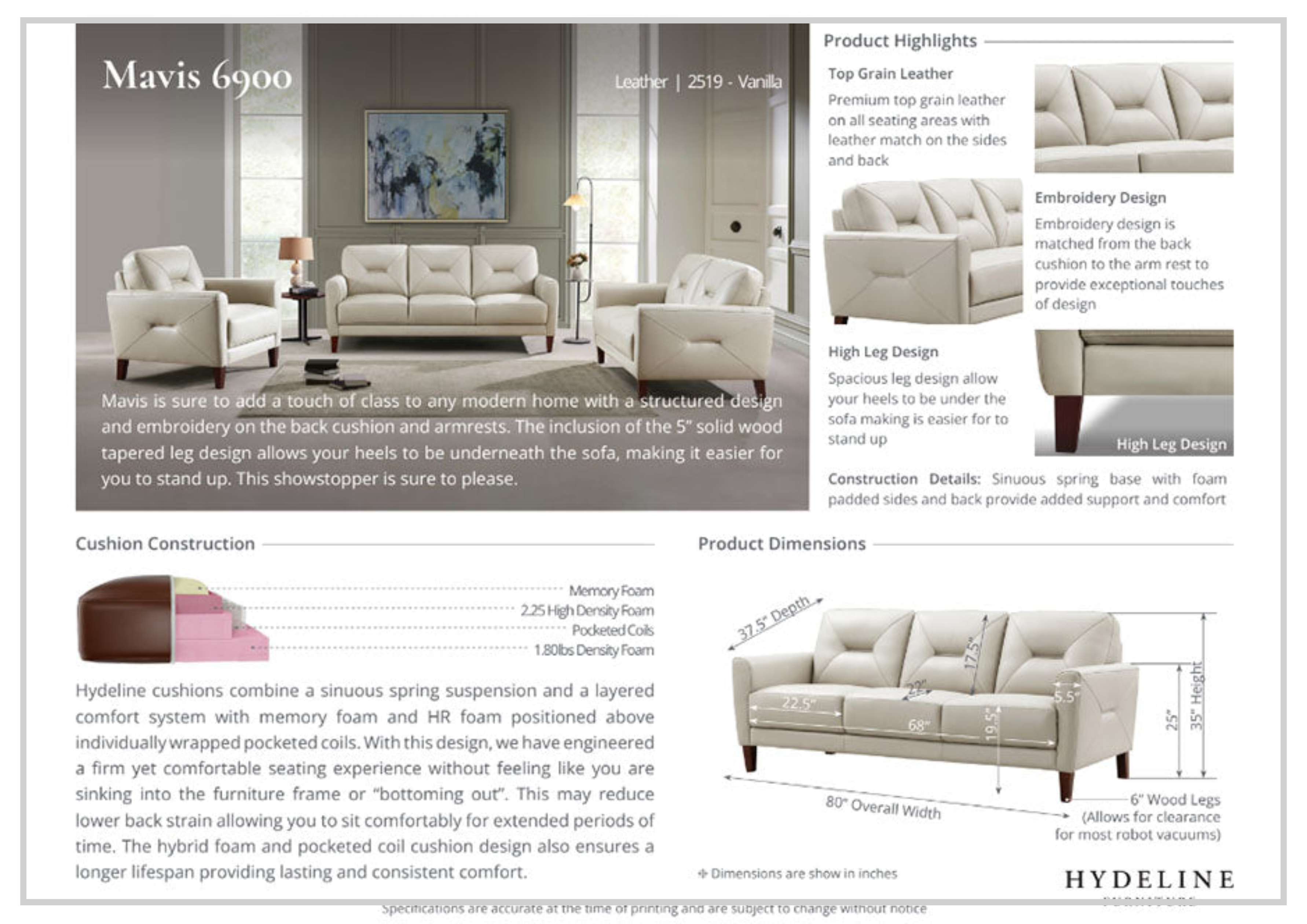 Hydeline Mavis 3-Seater Premium Leather Sofa - Genuine Top Grain Leather, Comfortable Cushioning, Sturdy Wood Frame - Perfect for Living Room, Lounge, Office Waiting Area & Home Theater