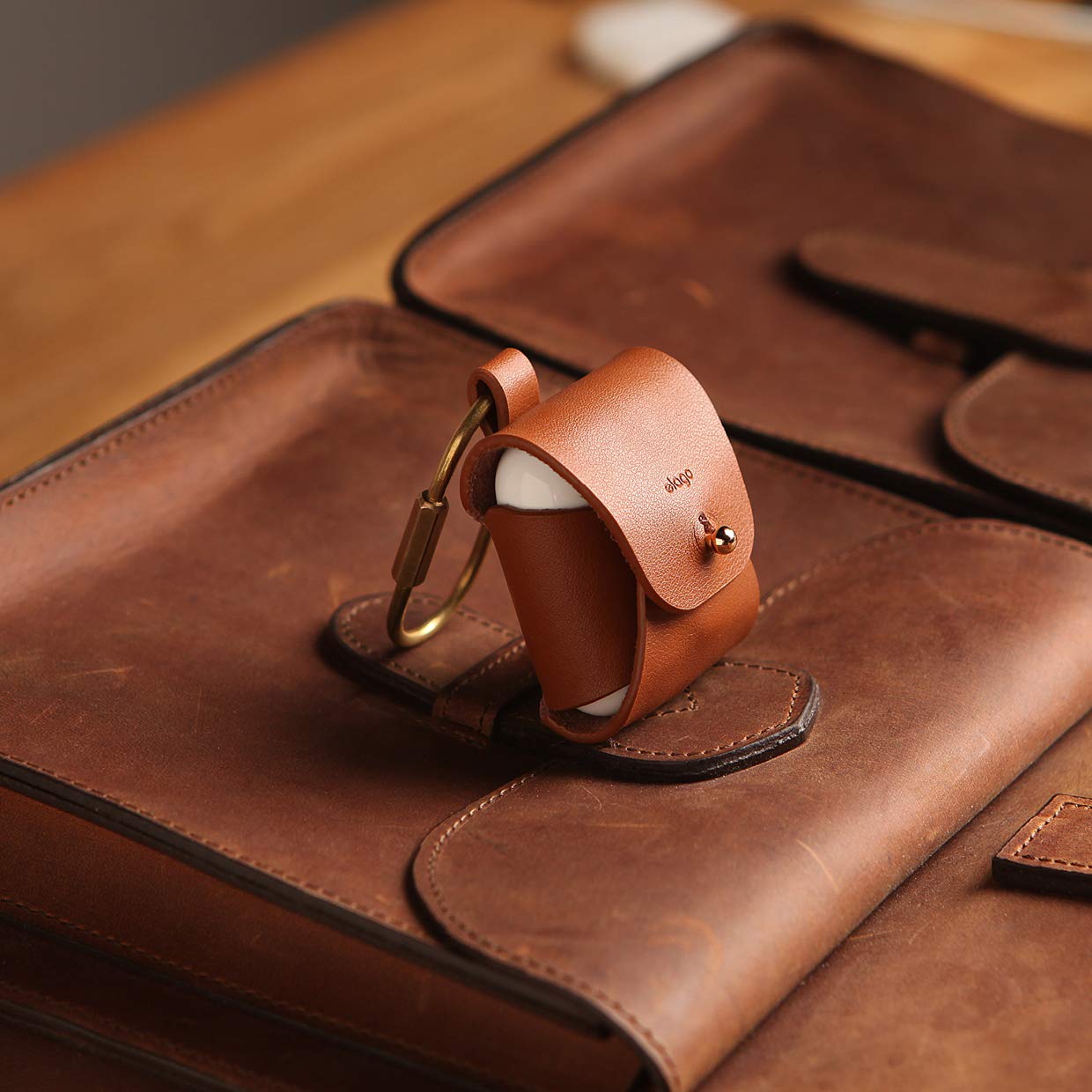 Premium Genuine Leather Case for AirPods 1 & 2 - Natural Cowhide Cover with Brass Ring Holder | Wireless Charging Compatible | Perfect for Travel, Work & Daily Use [Red]