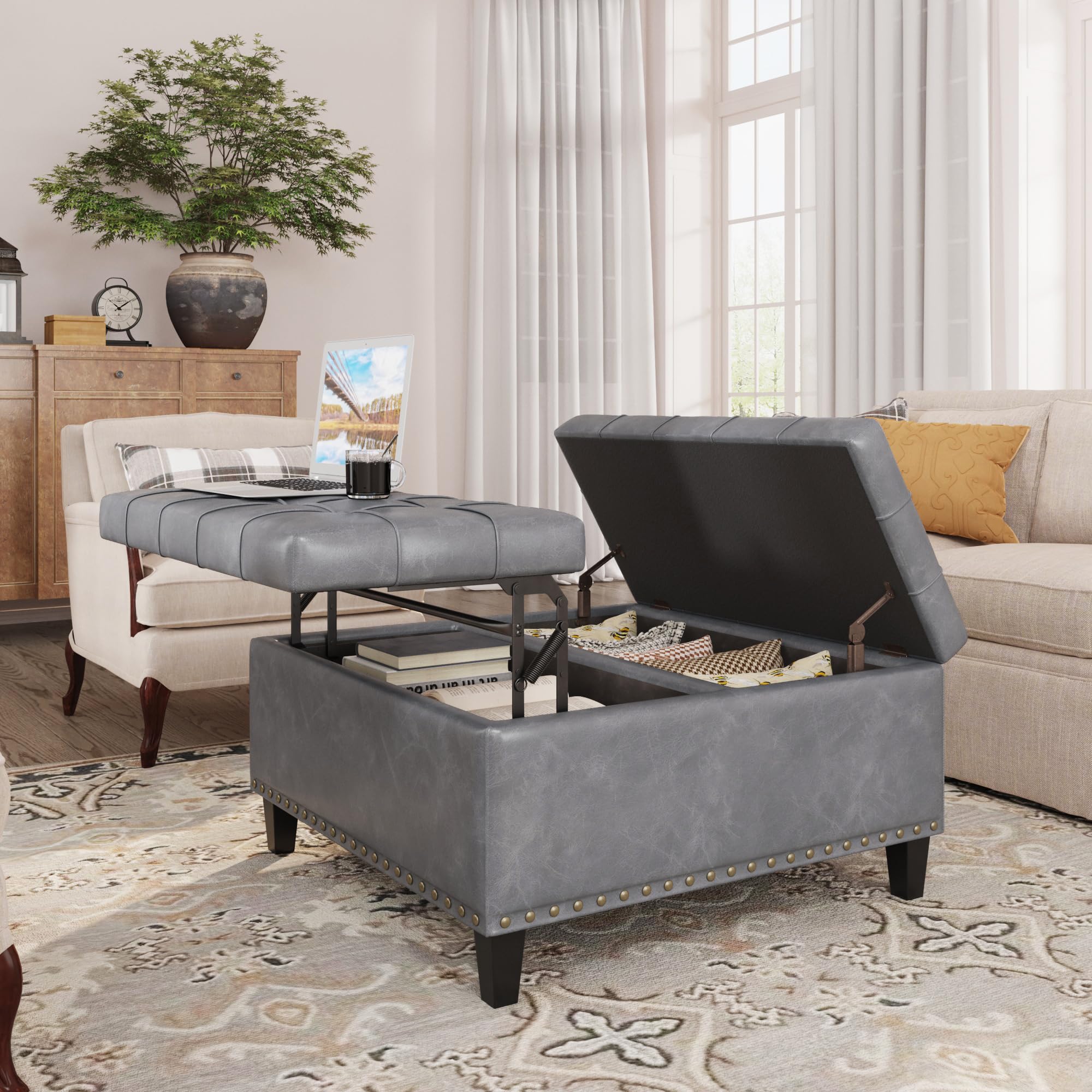 Tufted Square Ottoman Coffee Table with Storage - Leather Upholstered Cube Storage Ottoman Footrest Stool for Living Room & Bedroom - Grey - Perfect as Toy Box, Extra Seating & Stylish Home Decor