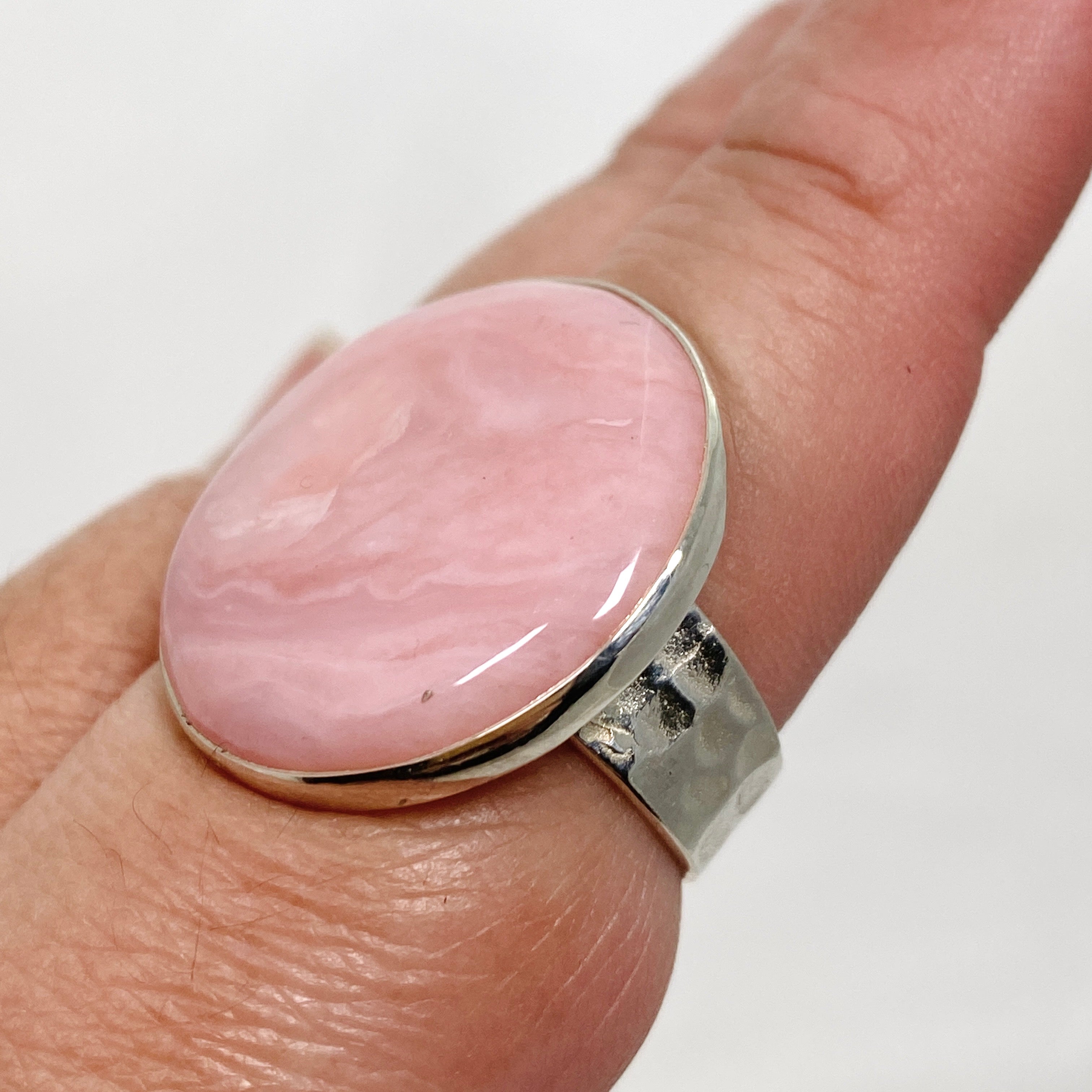 Pink Opal Round Cabochon Ring - Hammered Sterling Silver Size 9.5 (KRGJ3305) | Elegant Boho Jewelry for Women, Perfect for Everyday Wear & Special Occasions