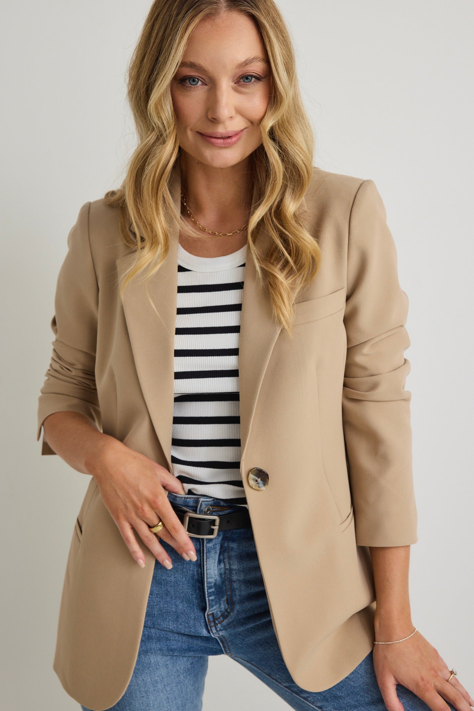 Stylish Camel Textured Fitted Blazer for Women - Elegant Office Wear & Business Casual Outfits - Perfect for Work, Meetings, and Professional Events