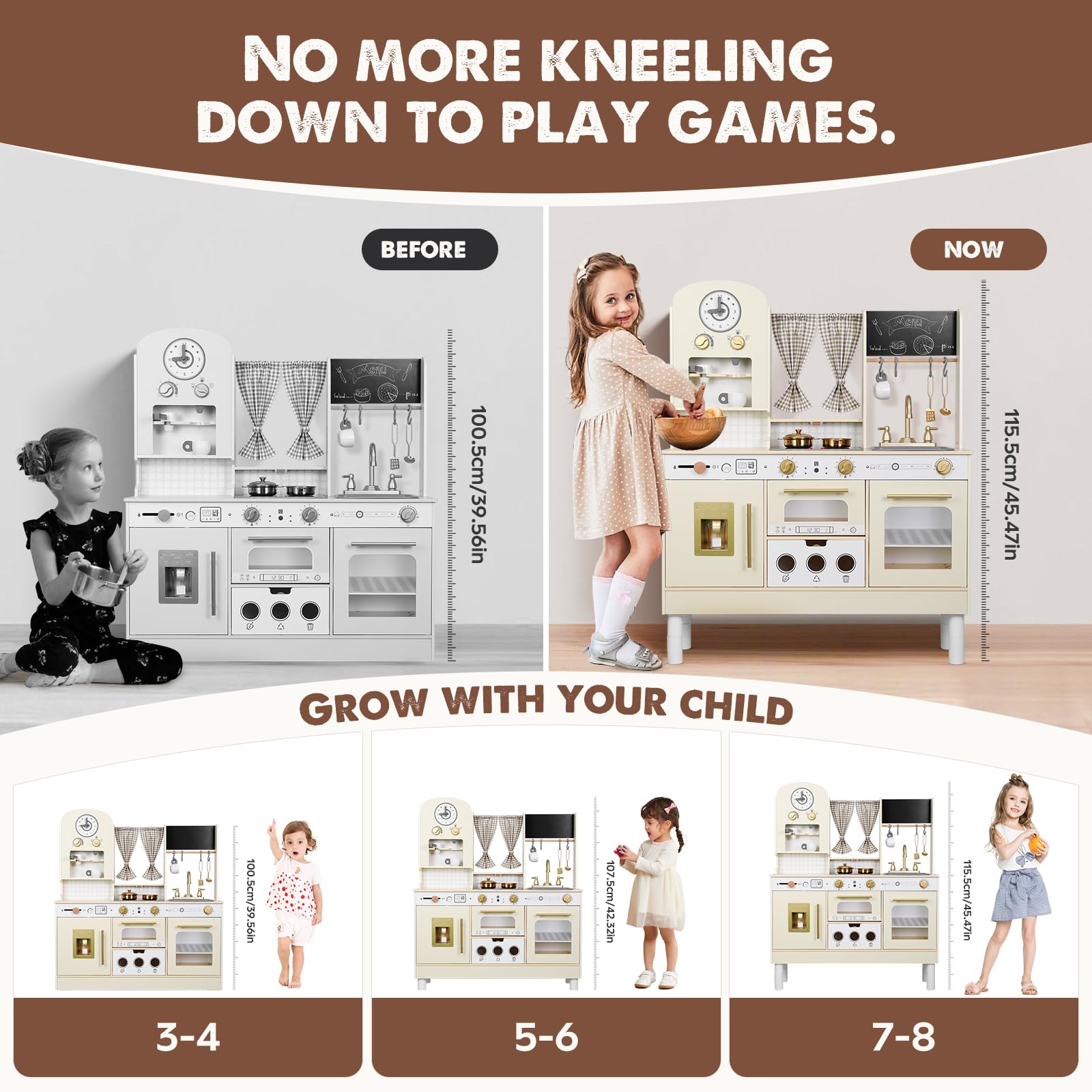 **Wooden Play Kitchen Set for Kids - Adjustable Height with Kitchen Accessories - Pretend Play Toy Gift for Toddlers & Children Ages 3-8 - Perfect for Home, Preschool & Role-Playing Fun (White)**