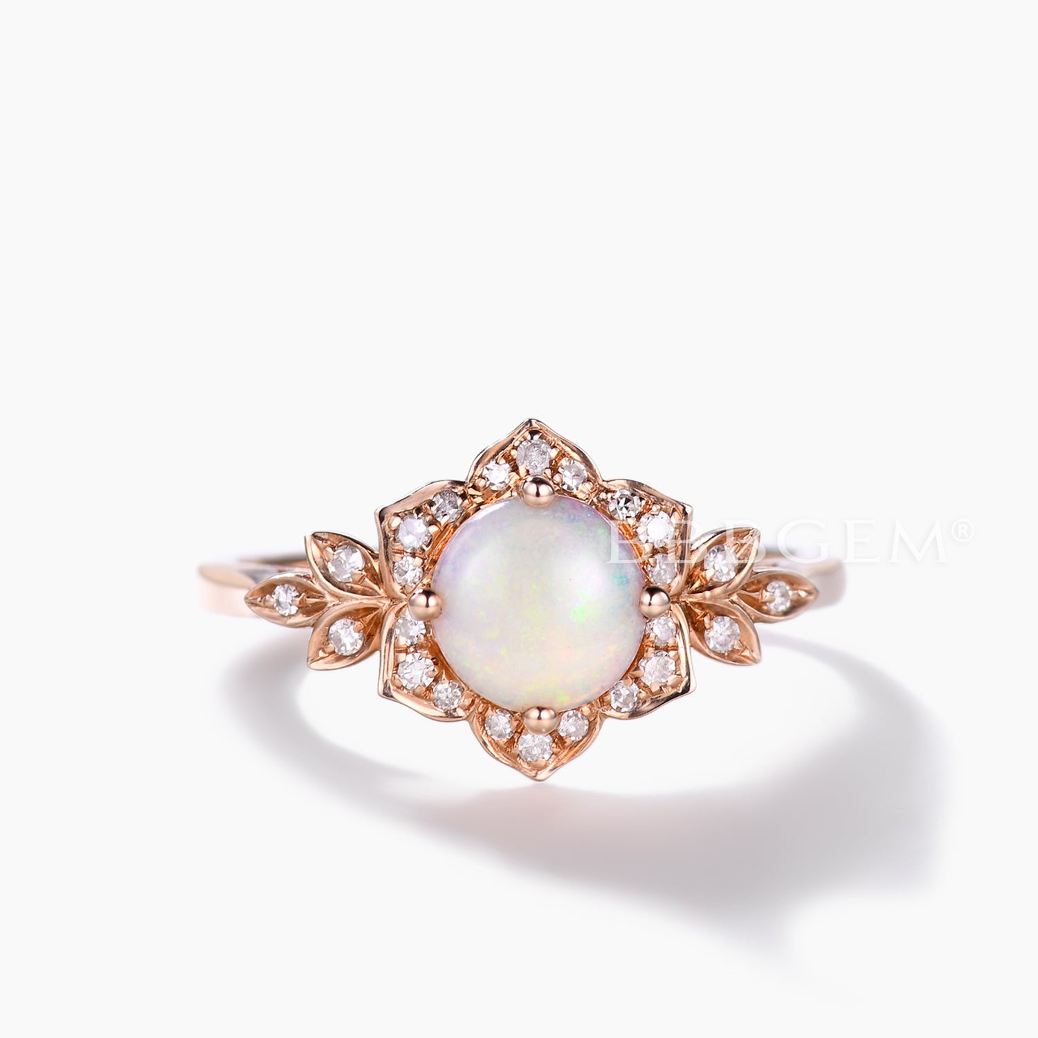 Round White Opal and Moissanite Diamond Engagement Ring - Halo Floral Design for Wedding, Proposal & Anniversary Gifts