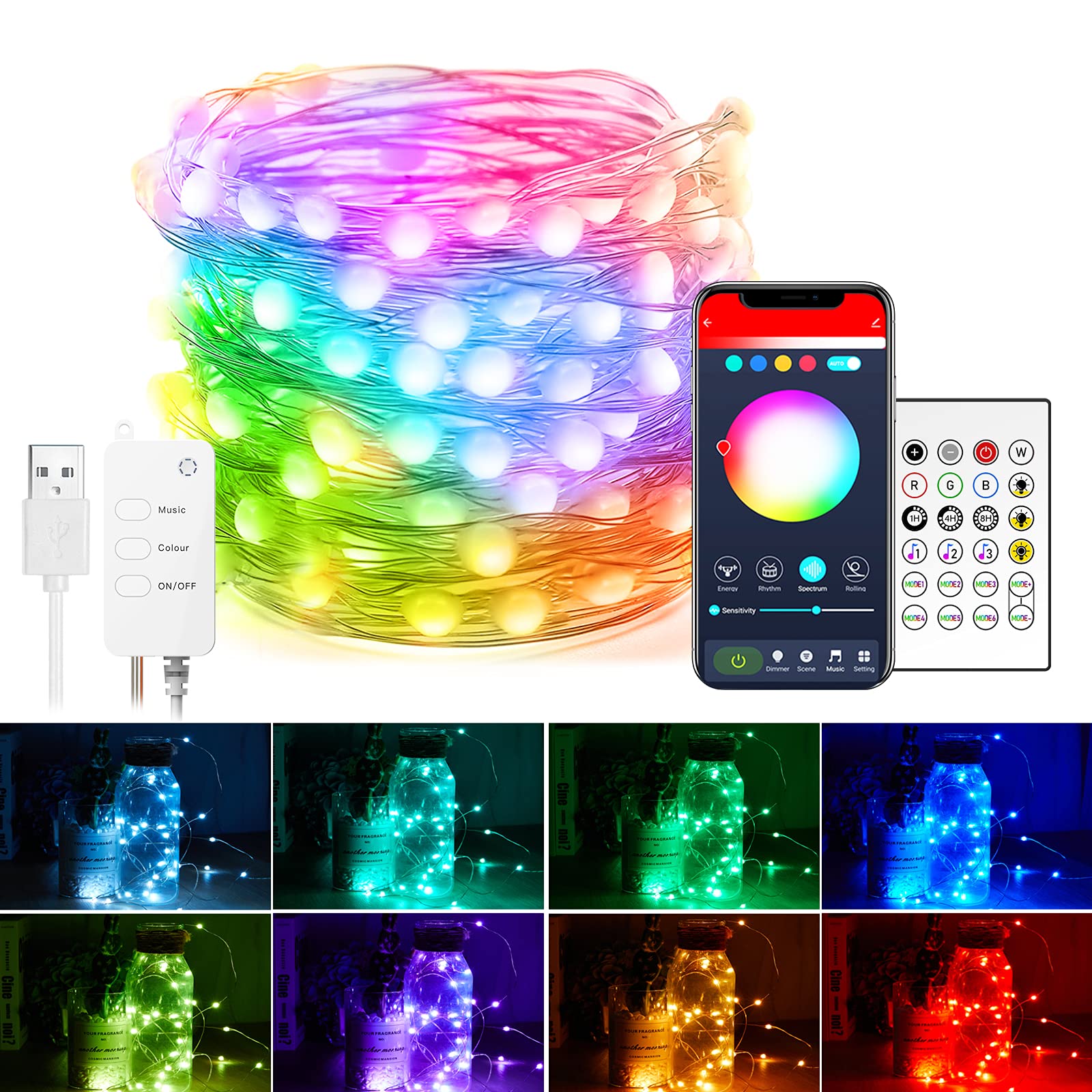 Smart Fairy String Lights - 33ft USB Bluetooth Twinkle Lights with Timer & Remote, Music Sync & App Control, Color Changing Firefly Lights for Bedroom, Party, Wedding & Indoor Decor - Perfect for Home, Garden, Christmas and Holiday Decoration