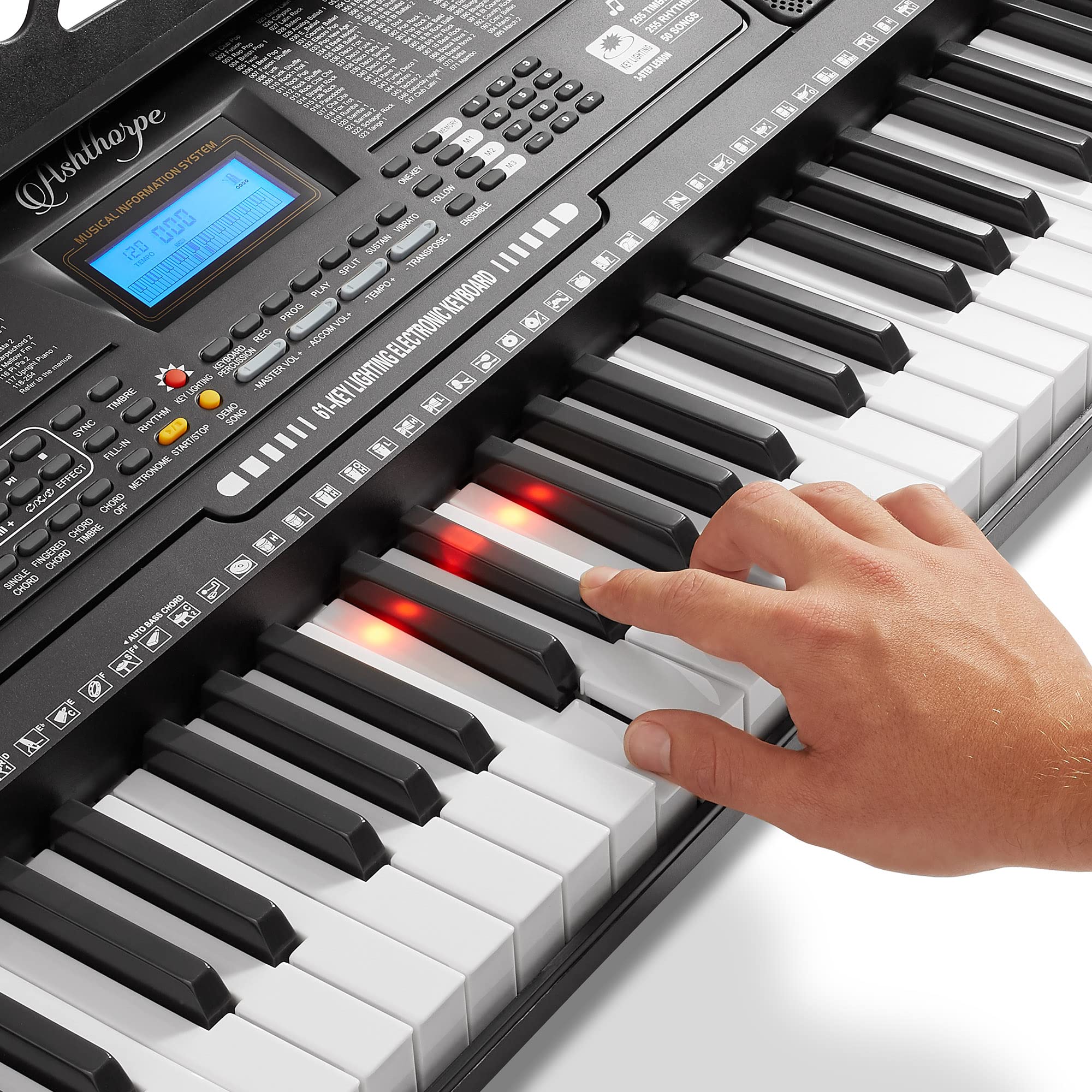 Ashthorpe 61-Key Digital Piano with Light-Up Keys - Full Beginner Keyboard Kit with Stand, Stool, Headphones & Microphone - Perfect for Home Learning, Music Practice & Gift Giving