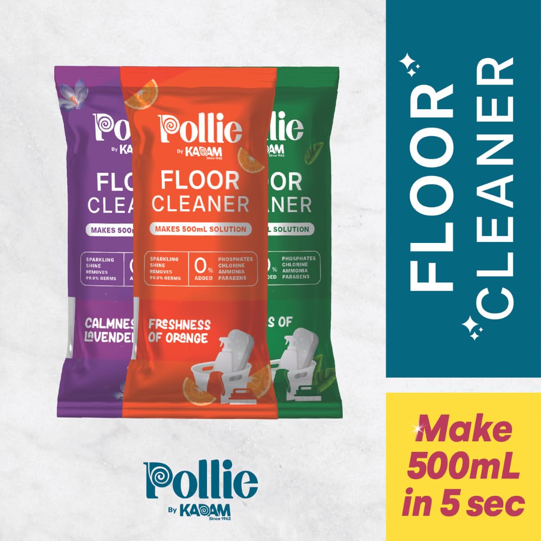 KADAM Pollie Multi-Surface & Floor Cleaner Refill Pack of 3 | Kills 99.9% Germs & Bacteria | 1 Sachet Makes 500ml Cleaning Solution | Ideal for Kitchen, Bathroom, Tile & Hardwood Floors