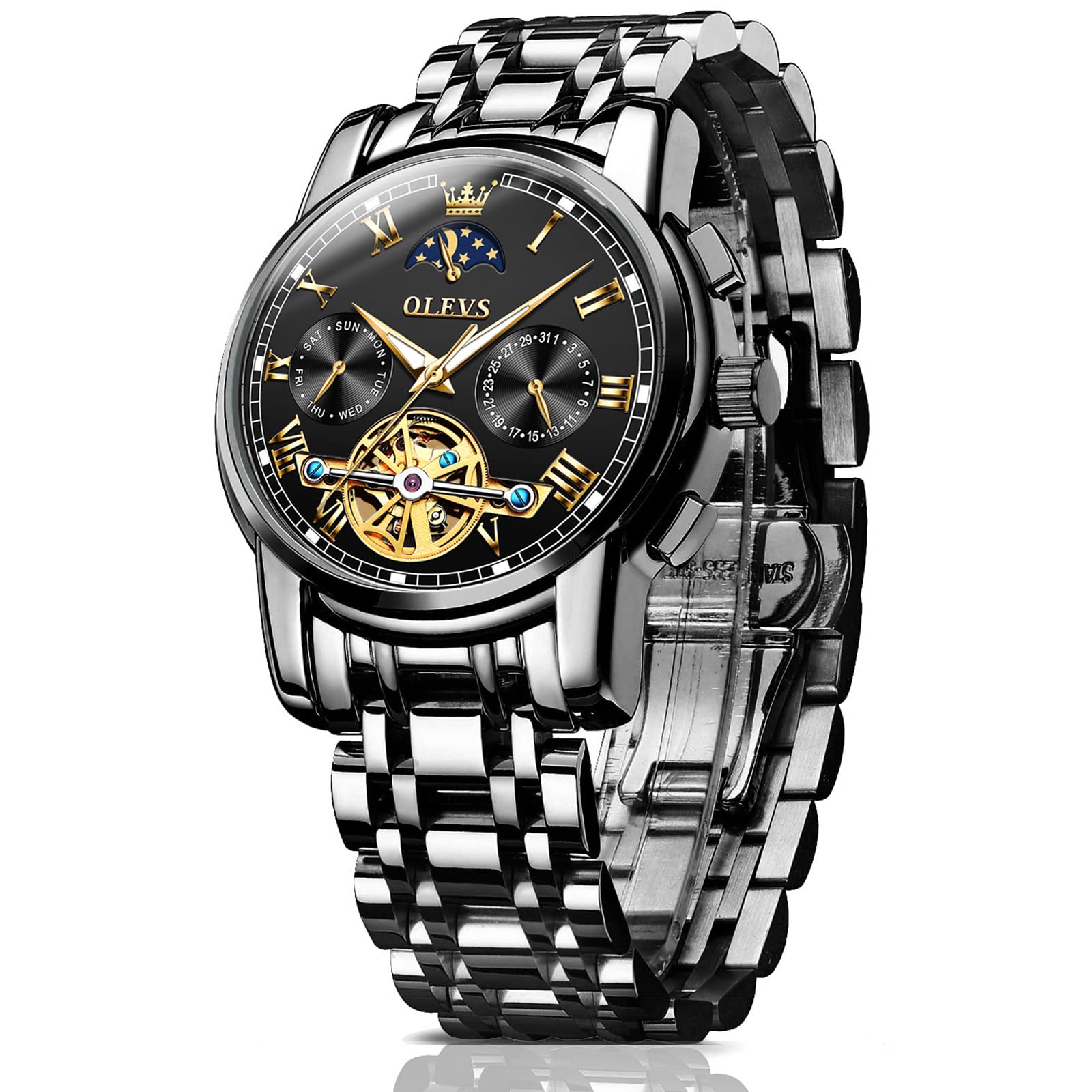 OLEVS Men's Automatic Skeleton Mechanical Watch with Self-Winding Tourbillon - Luxury Dress Watch for Business, Formal & Casual Wear (Black/Blue/Green) - Perfect for Office, Wedding & Everyday Use